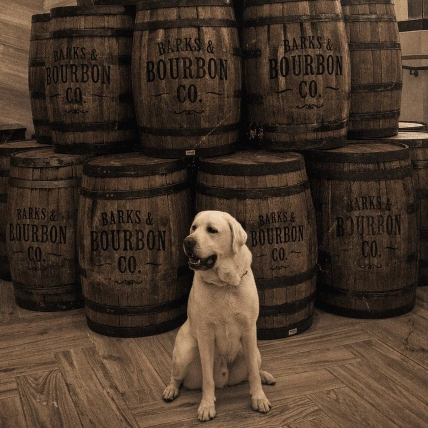 A yellow Labrador retriever sitting on a wooden floor in front of barrels with the label 'Barks & Bourbon Co.' in a rustic setting.