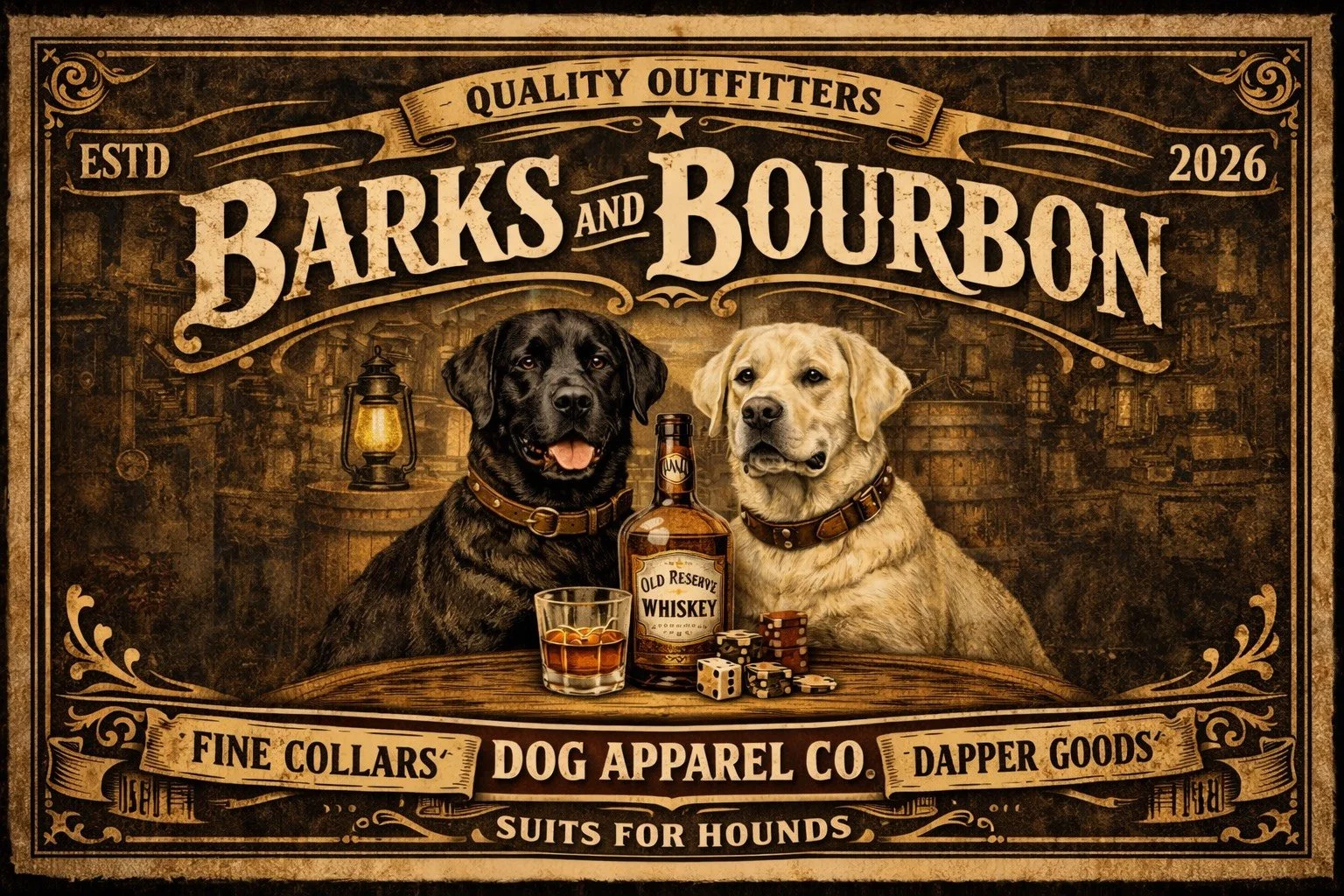 Vintage-style advertisement featuring two dogs wearing collars, a bottle of whiskey, a glass of whiskey, and dice, with decorative borders and text promoting dog apparel and accessories.