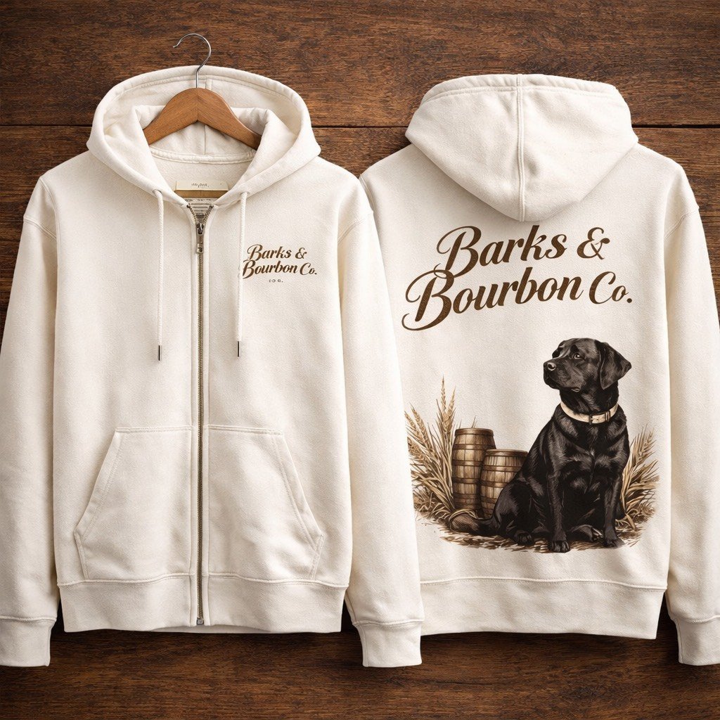 Cream-colored hoodie with the logo 'Barks & Bourbon Co.' on the front and a larger print on the back of a black dog sitting near bourbon barrels and dried plants.