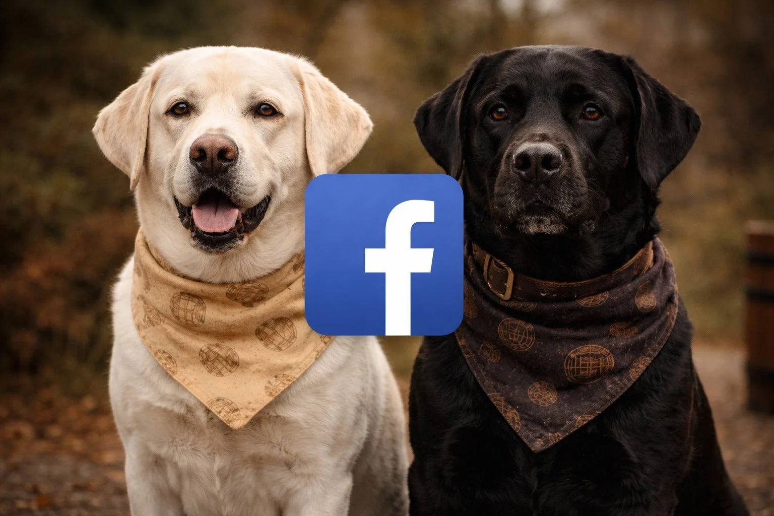 Two dogs, a yellow Labrador and a black Labrador, sit outdoors with a Facebook logo superimposed on their chests. The yellow Labrador is smiling and has a light-colored bandana, while the black Labrador has a serious expression and a darker bandana.