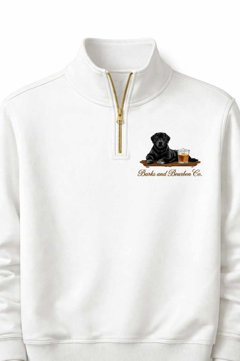 White pullover with a zip collar, featuring a logo of a black dog lying on a wooden surface with a glass of bourbon, and the text "Barks and Bourbon Co."