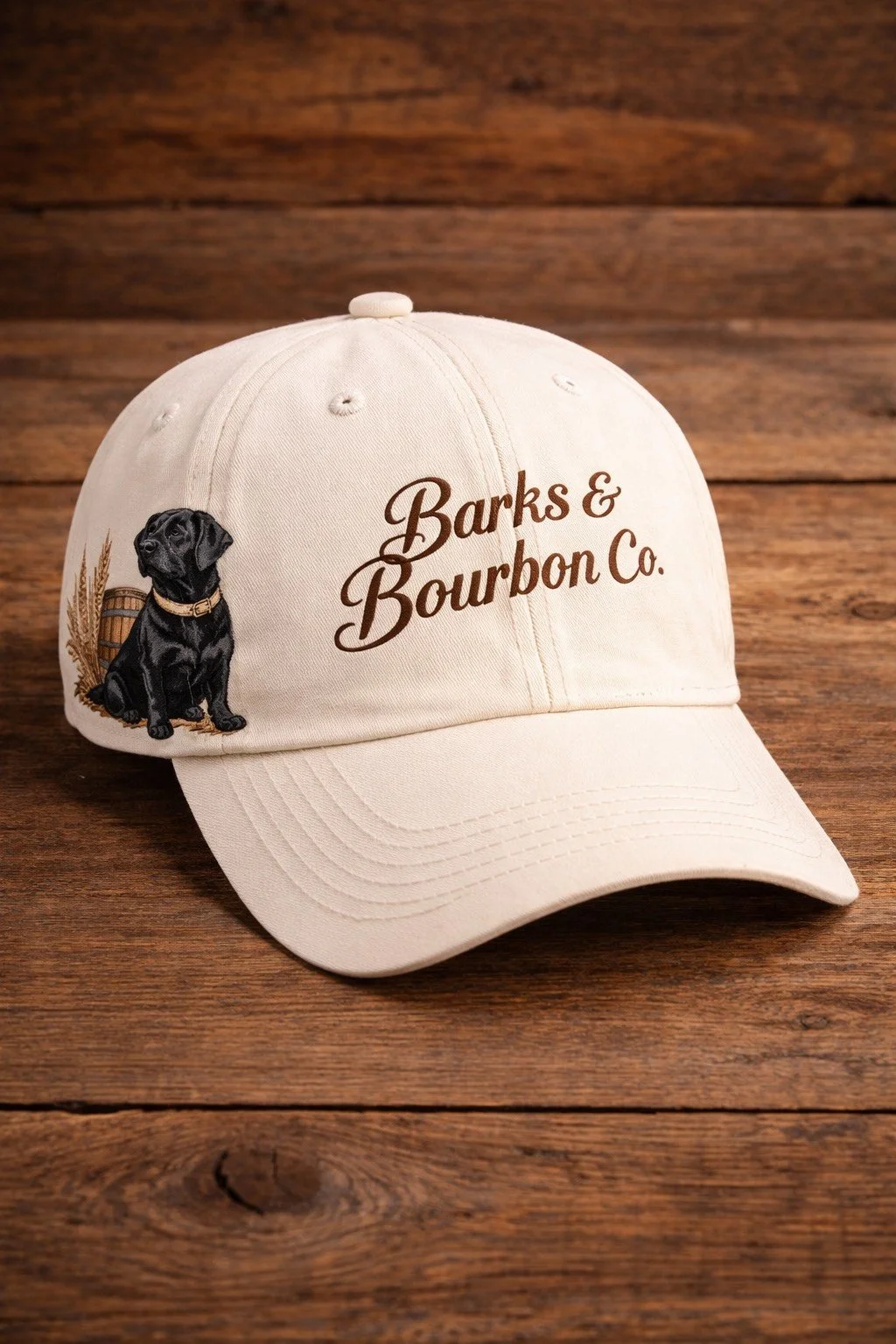 Cream-colored baseball cap with a black dog illustration, a barrel, and the text "Barks & Bourbon Co." on the front.
