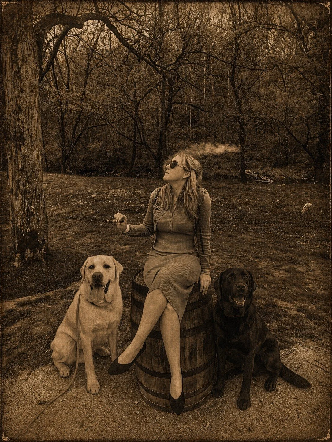 A woman sitting on a tree stump outdoors in a forest with two dogs, one yellow and one black. She wears sunglasses, a dress, and a jacket, and smokes a cigar. The photo has a sepia tone.