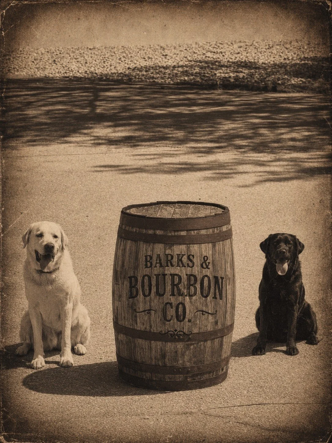 Two dogs, a yellow Labrador and a black Labrador, sit on a sidewalk on either side of a wooden barrel with the sign "BARKS & BOURBON CO." in front of a body of water and trees in the background.