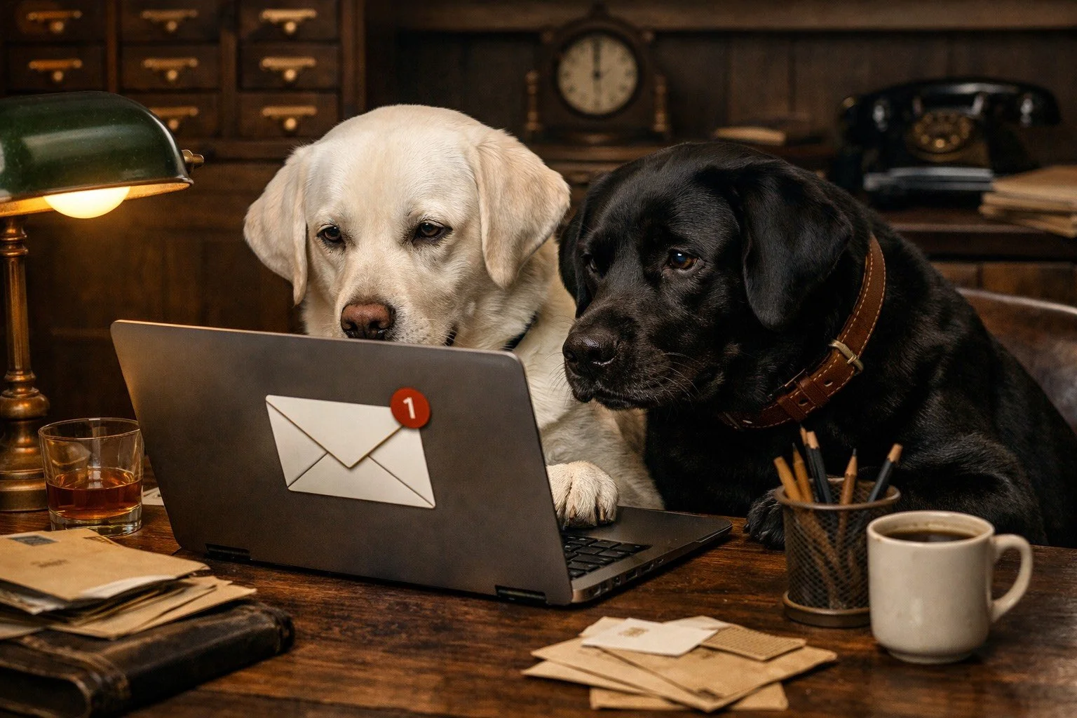 Two dogs, one yellow Labrador and one black Labrador, sitting in front of a laptop with an email notification, surrounded by papers, a cup of coffee, a glass of whiskey, and office supplies in a vintage office setting.