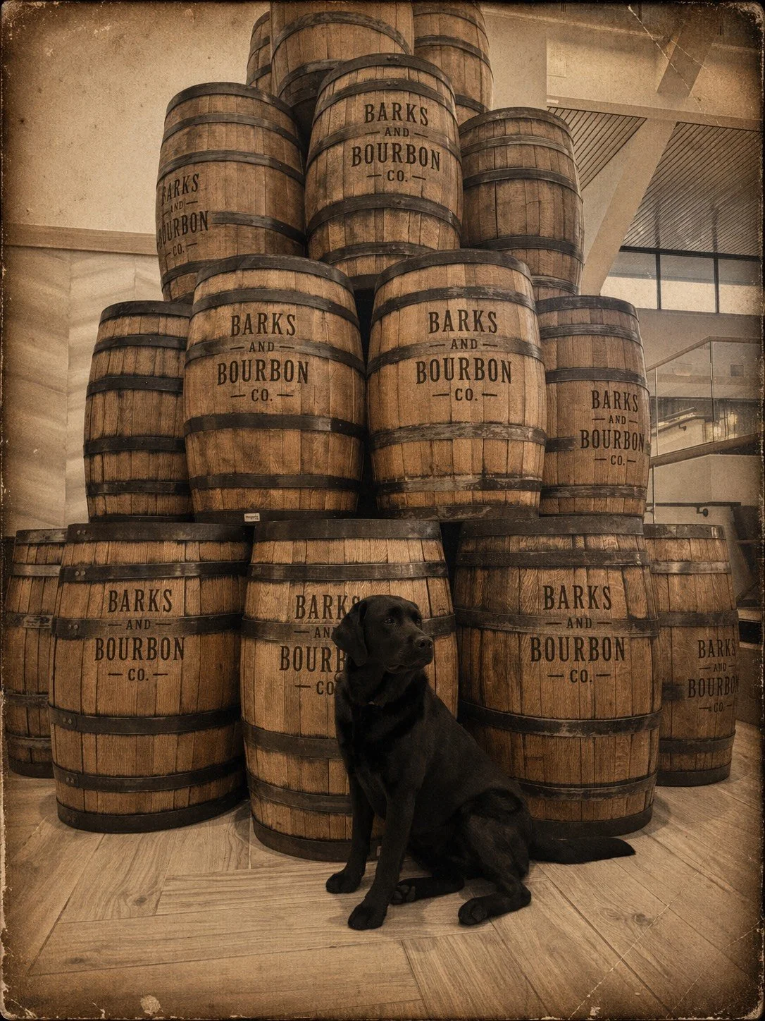 A black Labrador Retriever sitting in front of a stack of wooden barrels labeled "Barks and Bourbon Co." inside a distillery or bar.