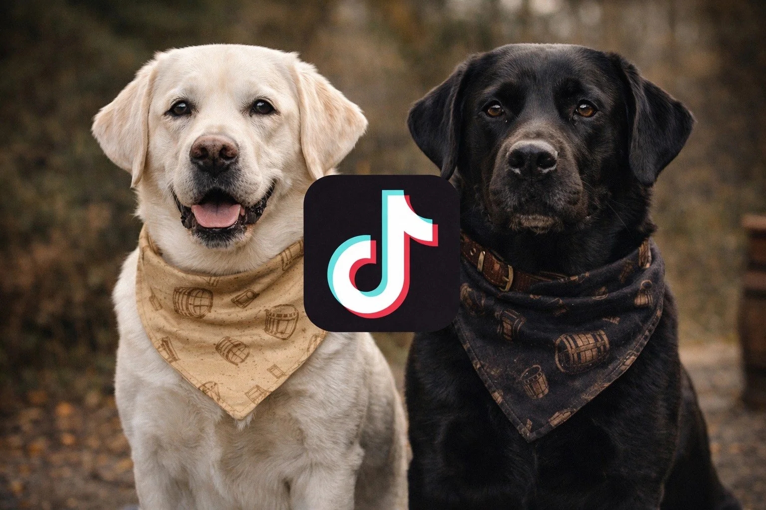 Two dogs, one yellow Labrador Retriever and one black Labrador Retriever, wearing bandanas with whiskey barrel patterns, look at the camera with the TikTok logo overlaid in the center.