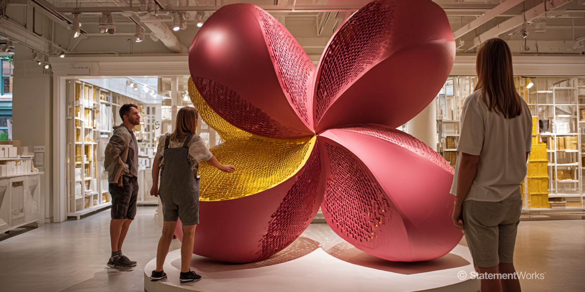 Large shiny red and gold abstract flower in retail environment