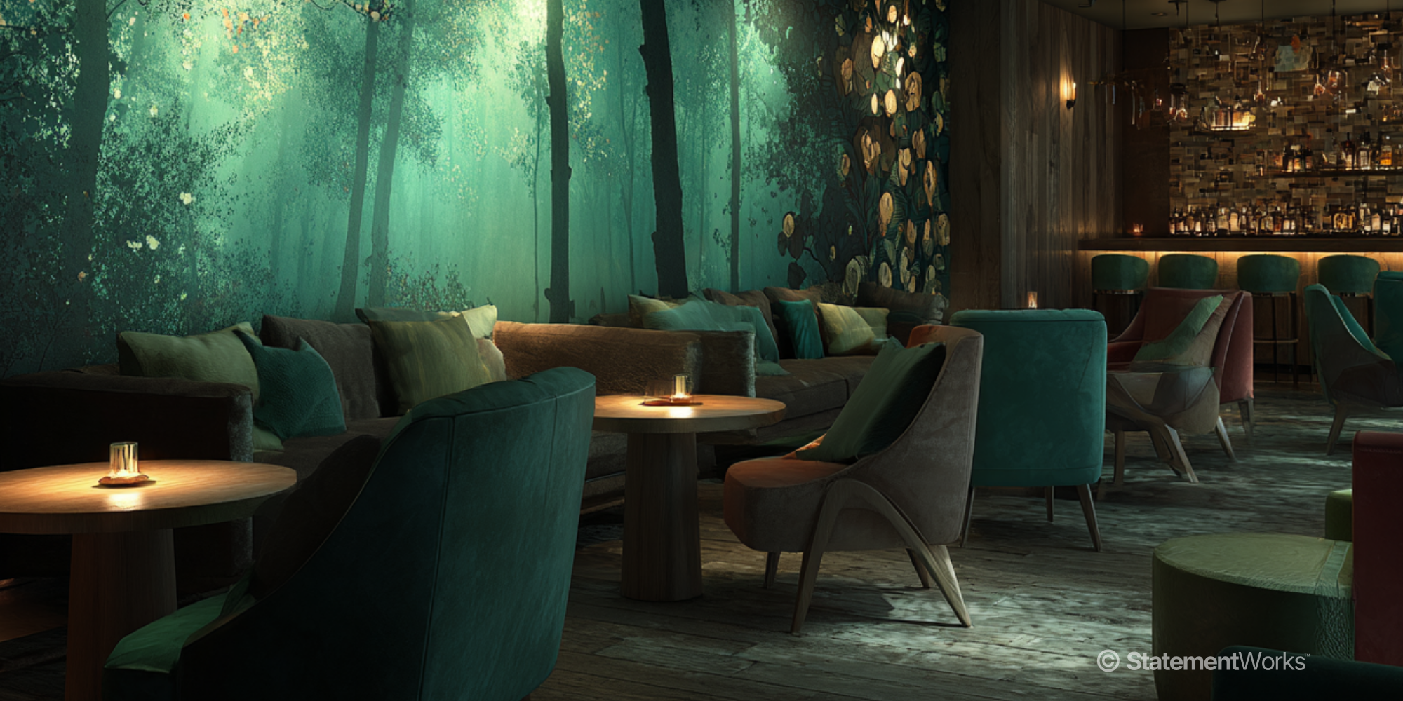 Interior of a restaurant or hotel lounge with  a large forest mural on the wall, and a bar with liquor bottles and wood accents.