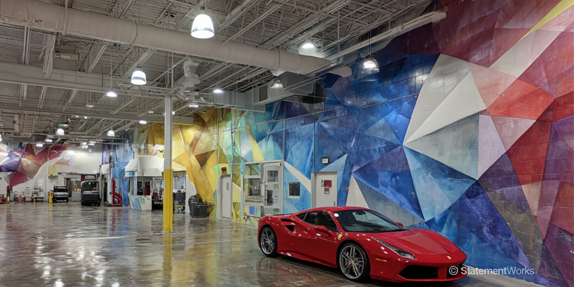 Large garage workshop with an isometric wall mural and red sports car