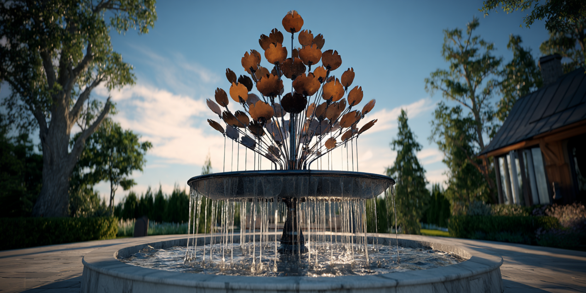 Decorative fountain with bronze flower sculpture in an outdoor garden.