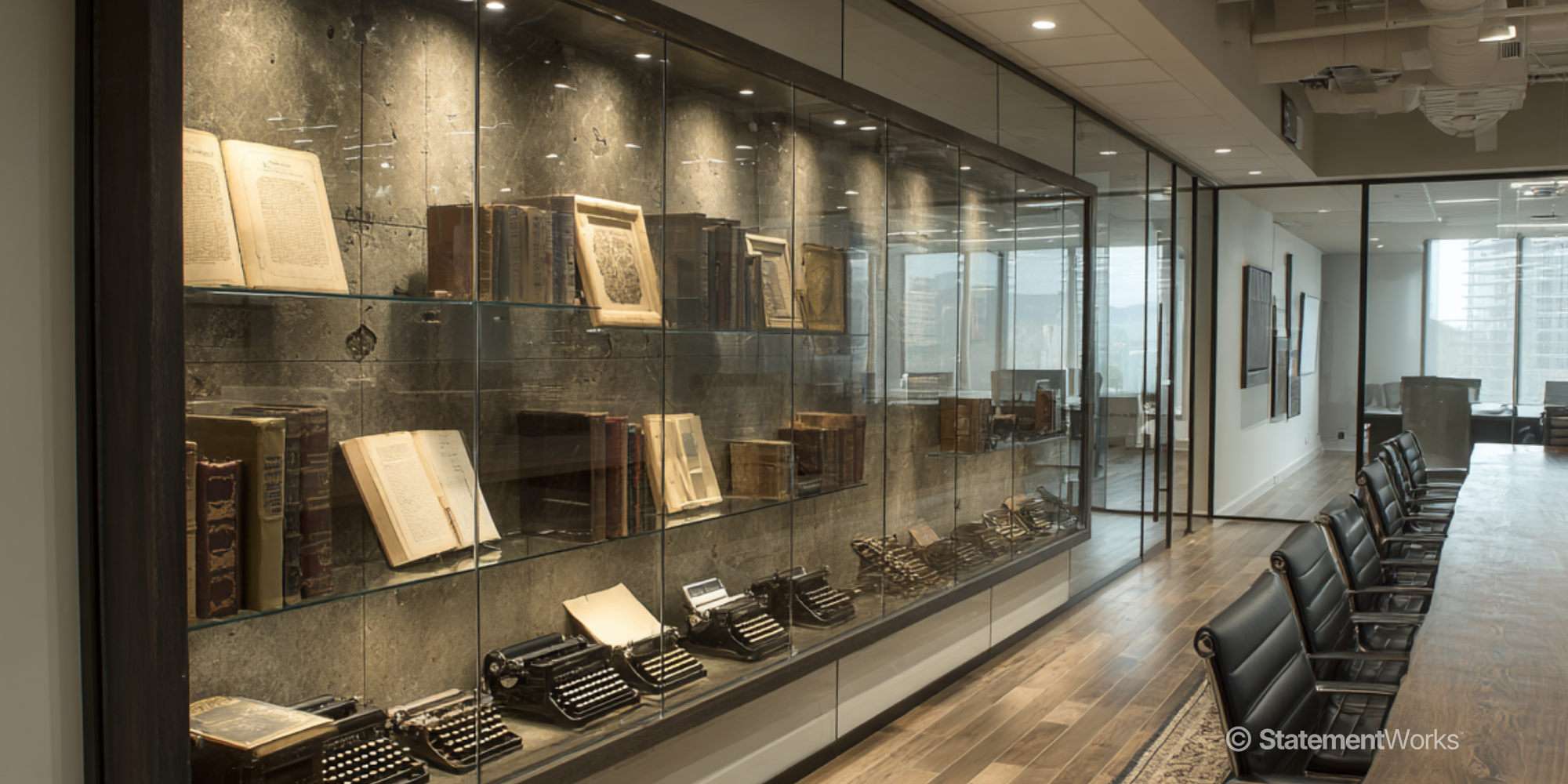 A display cabinet on a boardroom wall with old typewriters and printed items