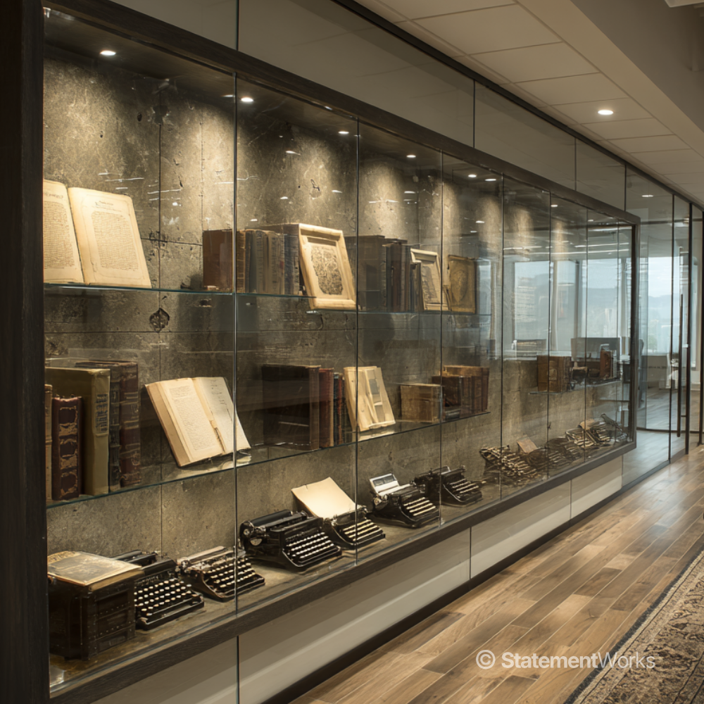 Curated boardroom display of curated found objects - typewriters and books