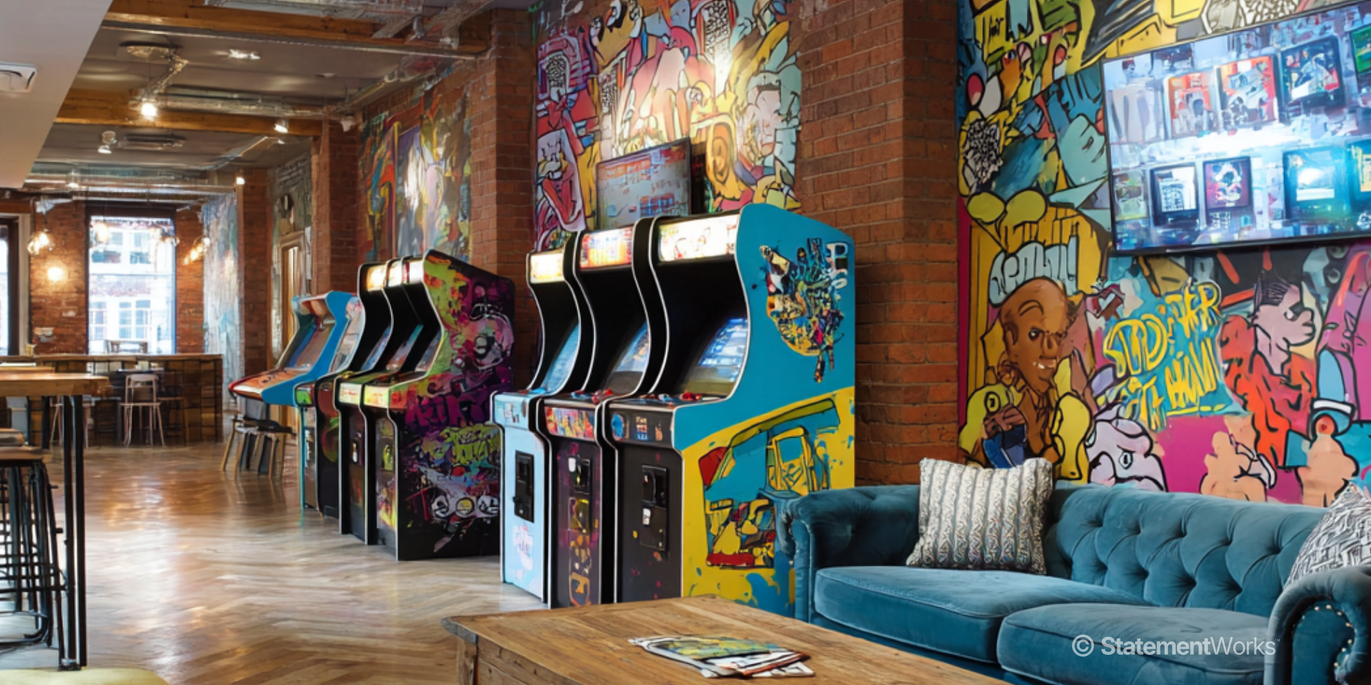 A corporate breakout room with old arcade machines and cartoon mural