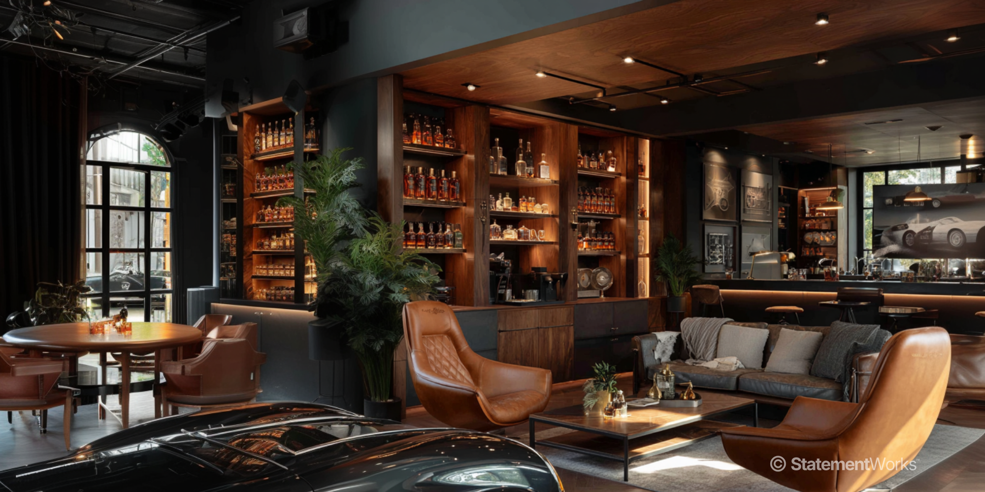 Interior of a hotel lounge or bar with that echos classic car or heritage automotive finishes, leather, wood and glossy surfaces giving a premium decorative atmosphere.