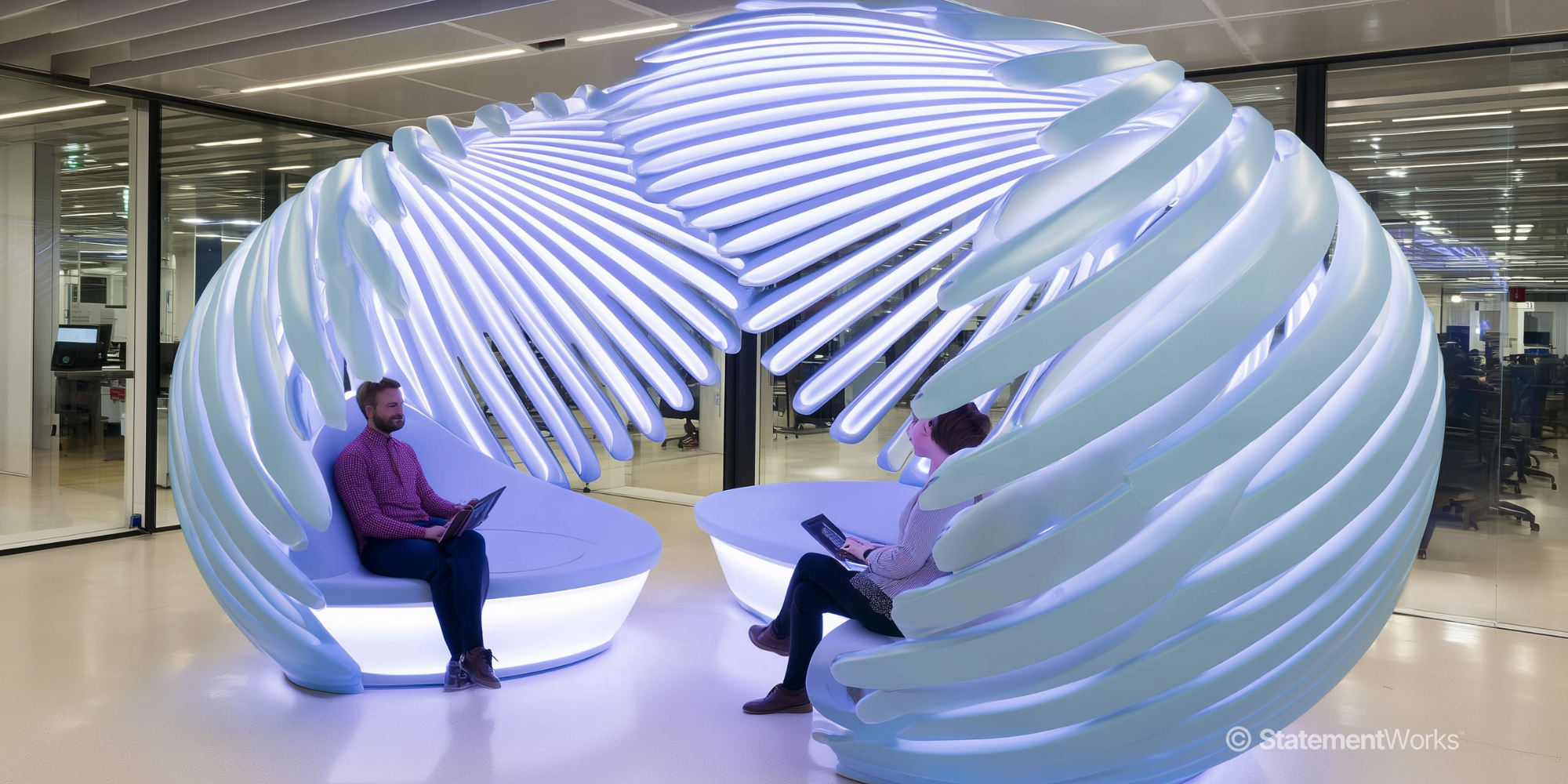 Two people sitting inside a modern, futuristic illuminated lounge surrounded by a feather-like structure with white, glowing spines in an office space.