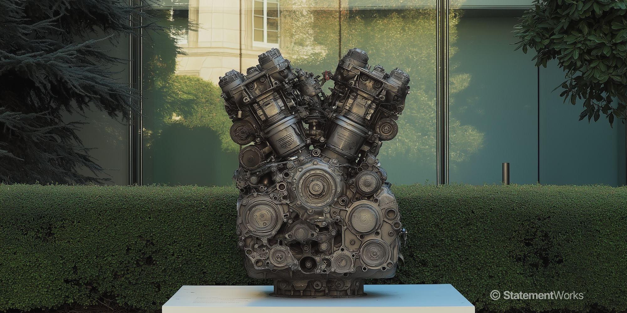 A sculpture of a V-shaped car engine made from metal parts, displayed outdoors on a white pedestal amidst greenery, with trees and a modern building in the background.