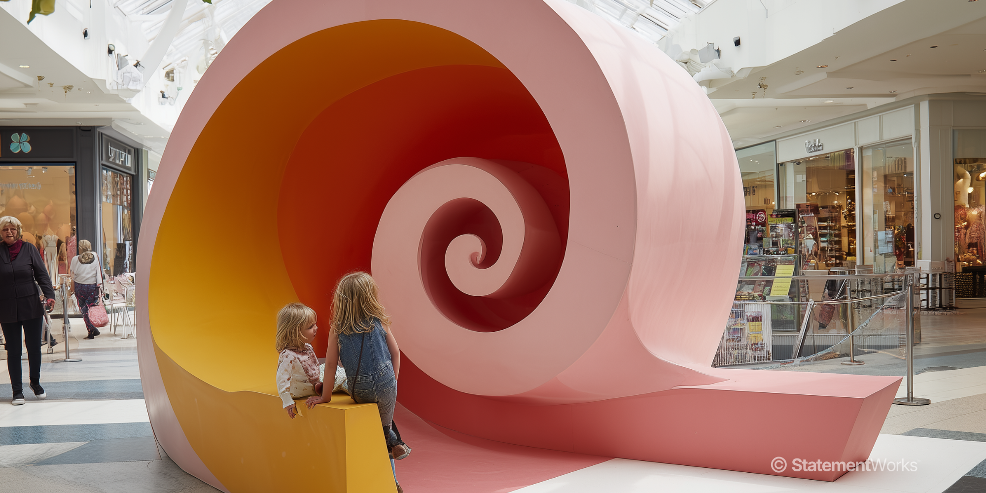 Large snail shaped sculpture in retail setting with children playing on it
