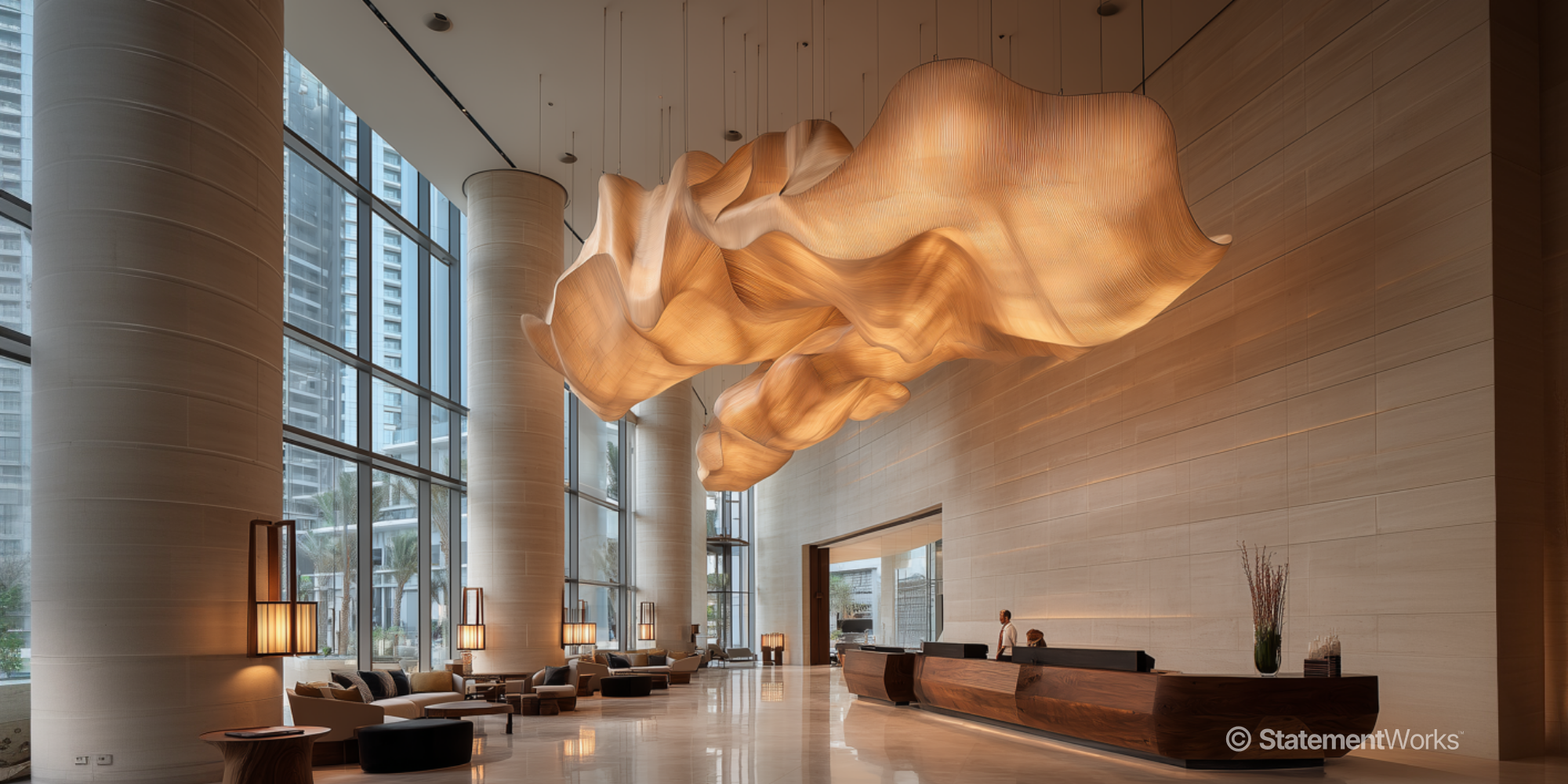 Suspended fabric cloud in hotel lobby