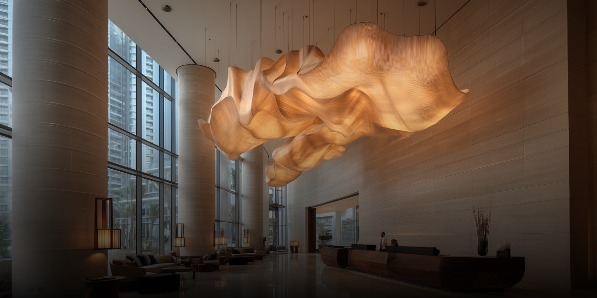 Modern hotel lobby with large wooden sculpture hanging from the ceiling, tall glass windows, and seating area with lamps and decor.
