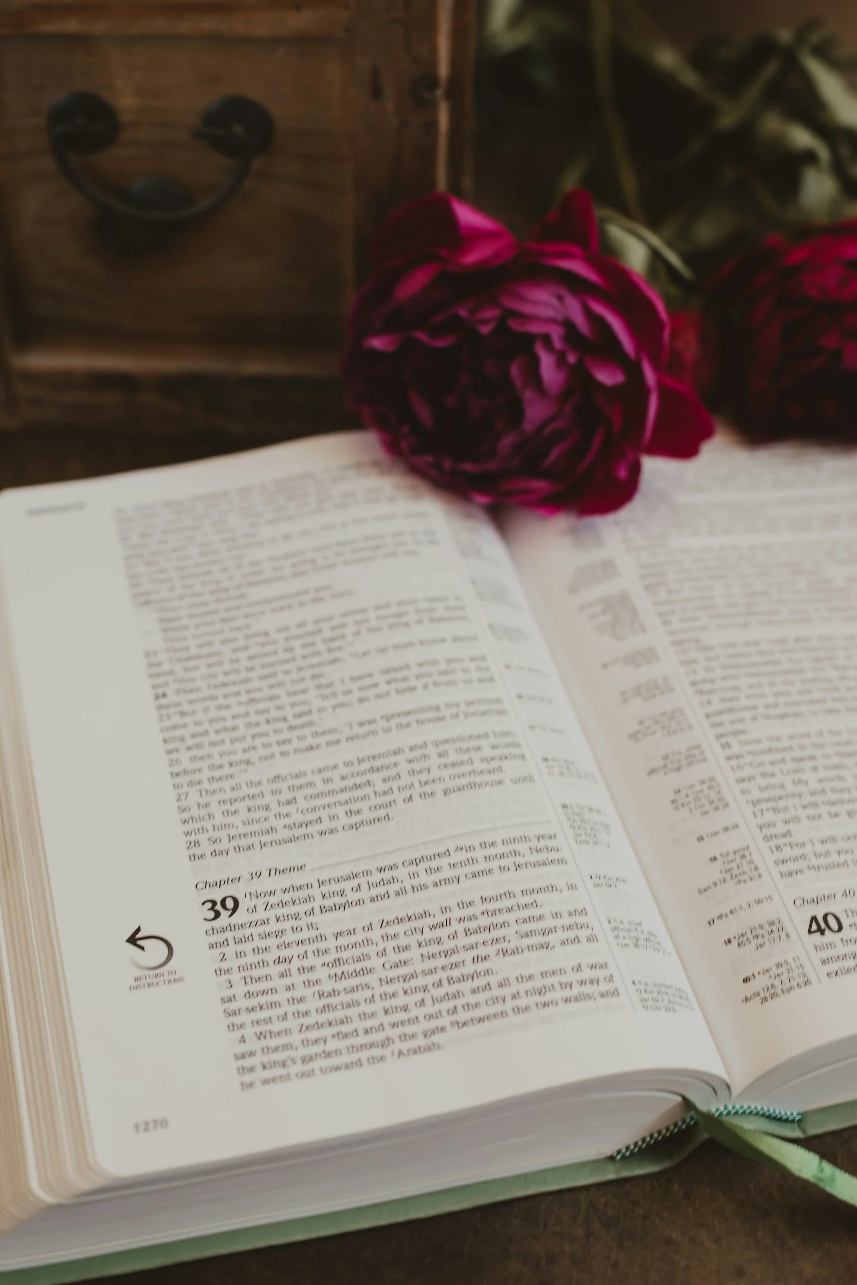 Open Bible with chapter 39 titled 'Jerusalem captured' and a dark red flower resting on the pages, positioned on a wooden surface.