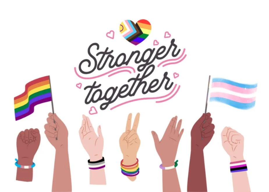 Stronger Together with the Intersex Progress Pride flag colors in a heart. Below that are illustrations of 7 people's hands, holding rainbow and trans pride flags or giving the peace sign or solidarity fist.