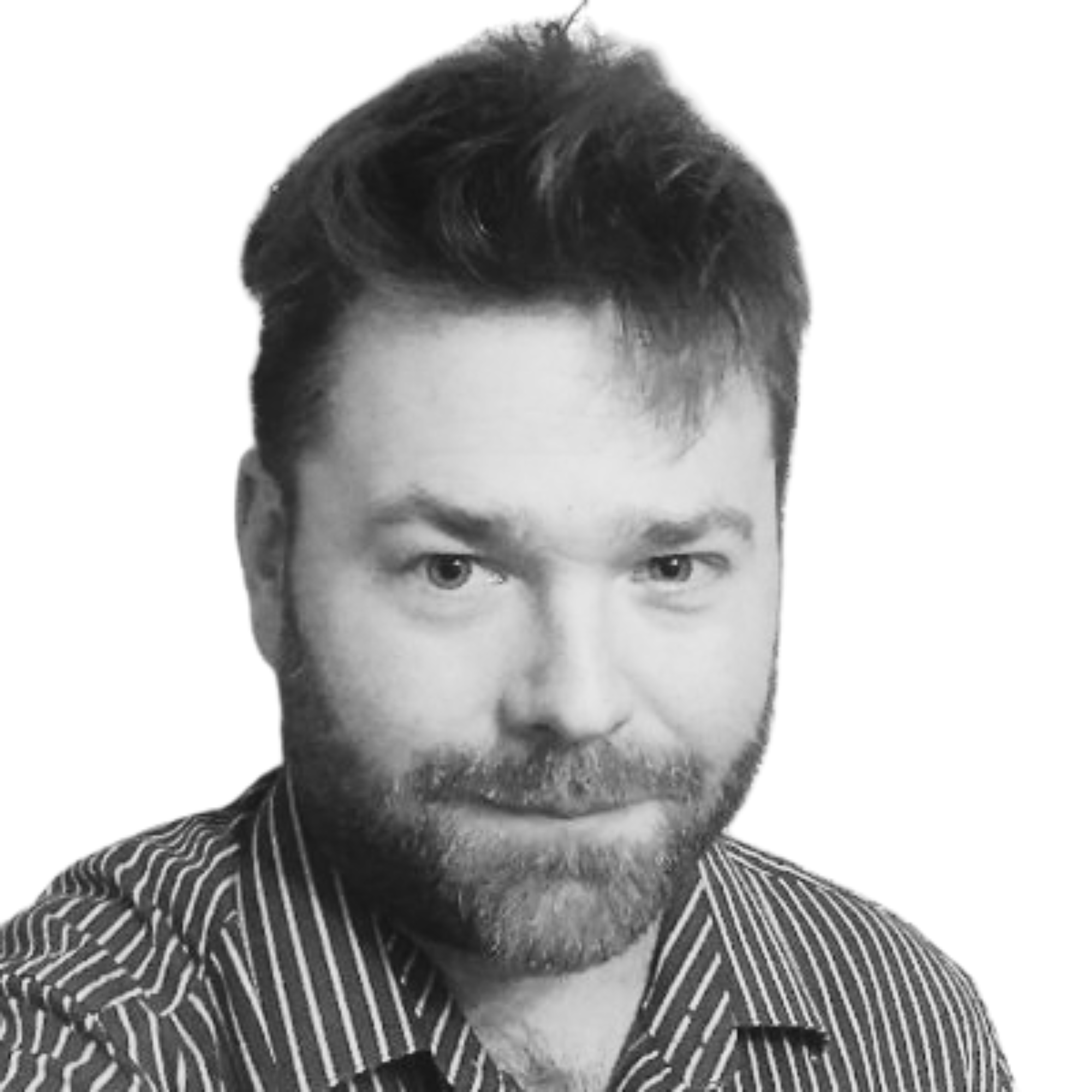 Black and white portrait of a man with short hair, beard, wearing a striped shirt, looking into the camera.