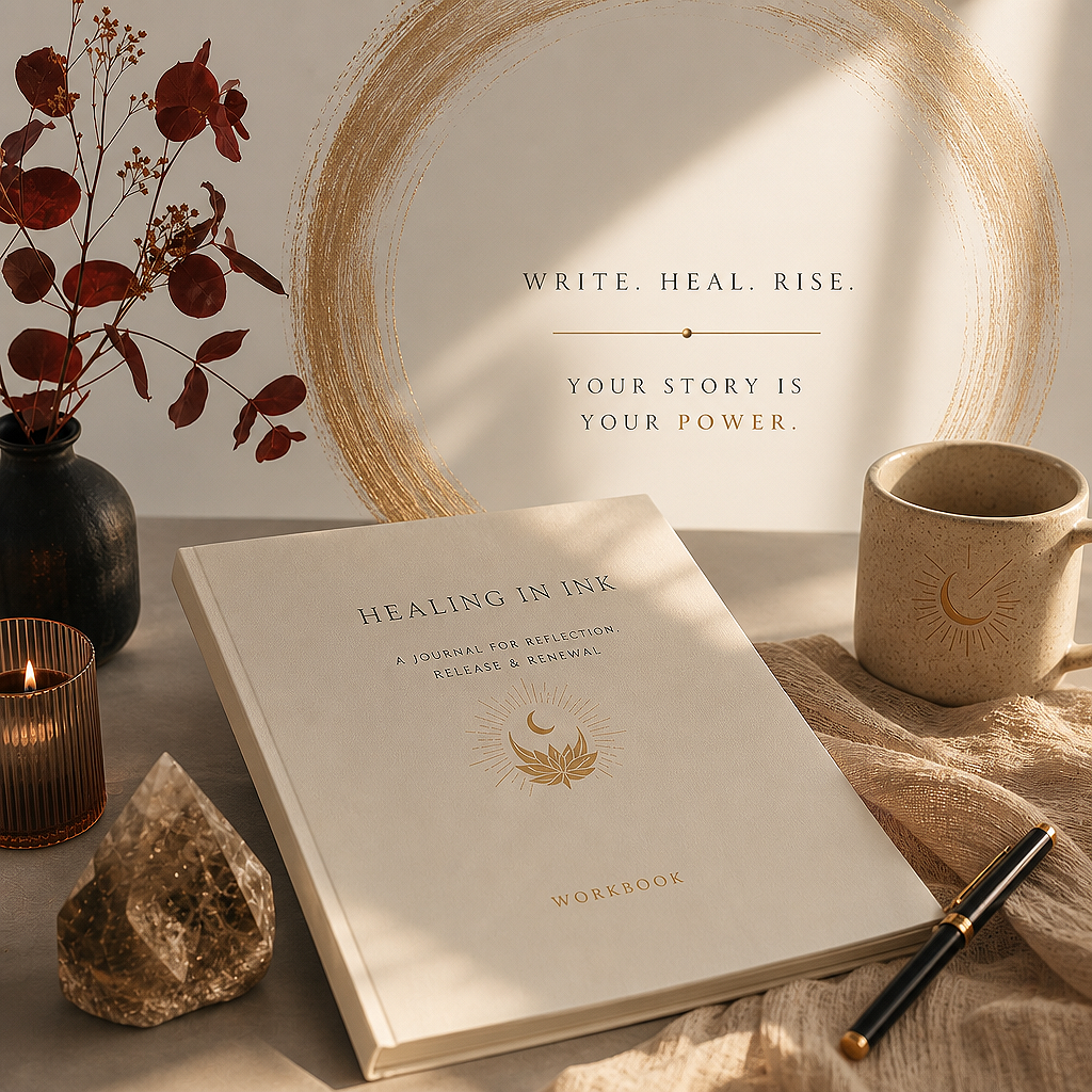 A notebook titled "Healing in Ink" with a subtitle "A Journal for Reflection, Release & Renewal" and a sun and moon graphic on the cover, a ceramic mug with a moon design, a lit candle in a glass holder, a decorative crystal, a black pen with gold accents, and a beige cloth on a table, with a wall art piece with the words "Write. Heal. Rise." and "Your story is your power" in the background.