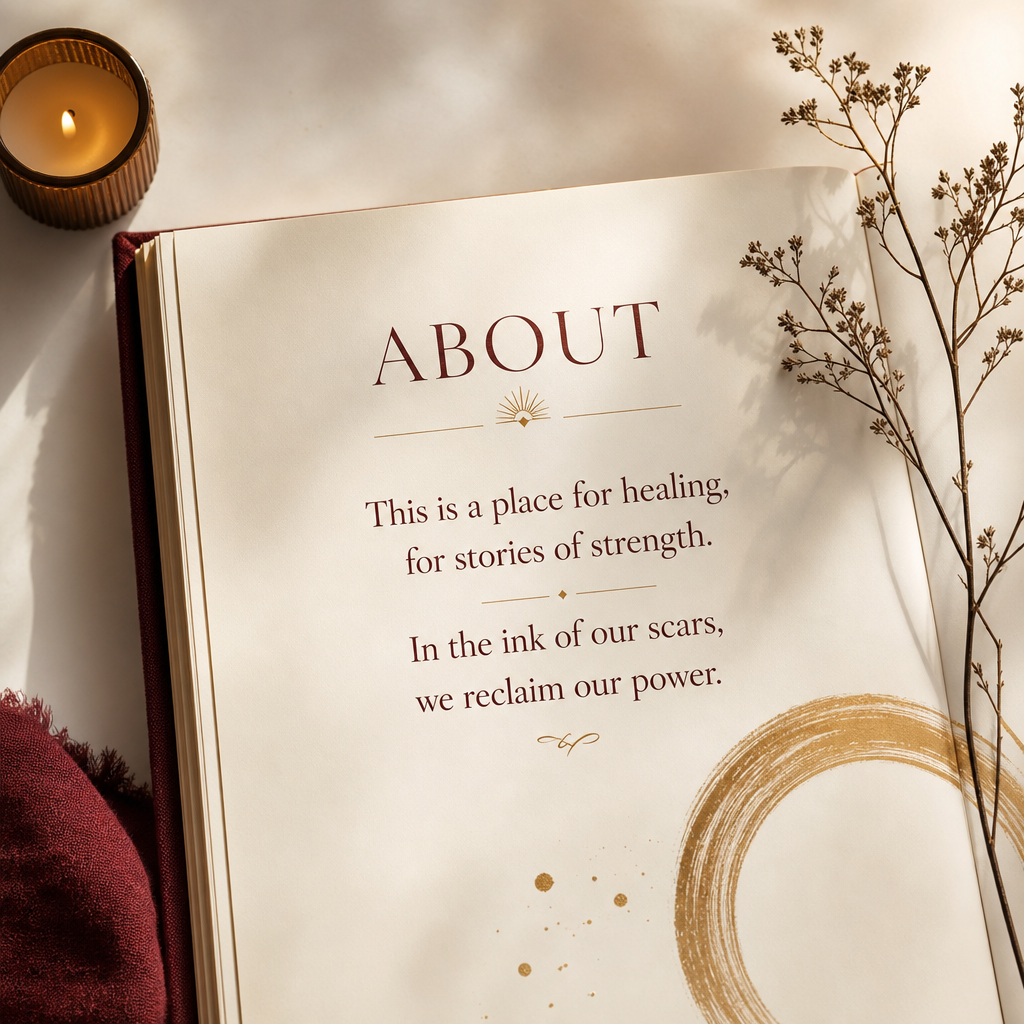 Open book with a quote about healing and strength, surrounded by a lit candle, dried flowers, and a red cloth.