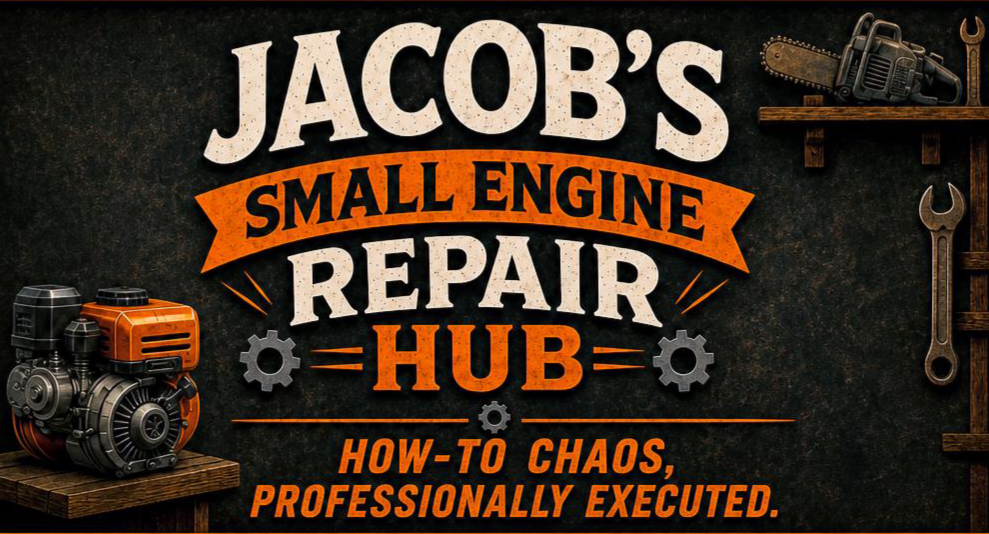 Book cover titled 'Jacob's Small Engine Repair Hub' featuring a small engine, a chainsaw, and wrenches on a dark background with orange and white text.