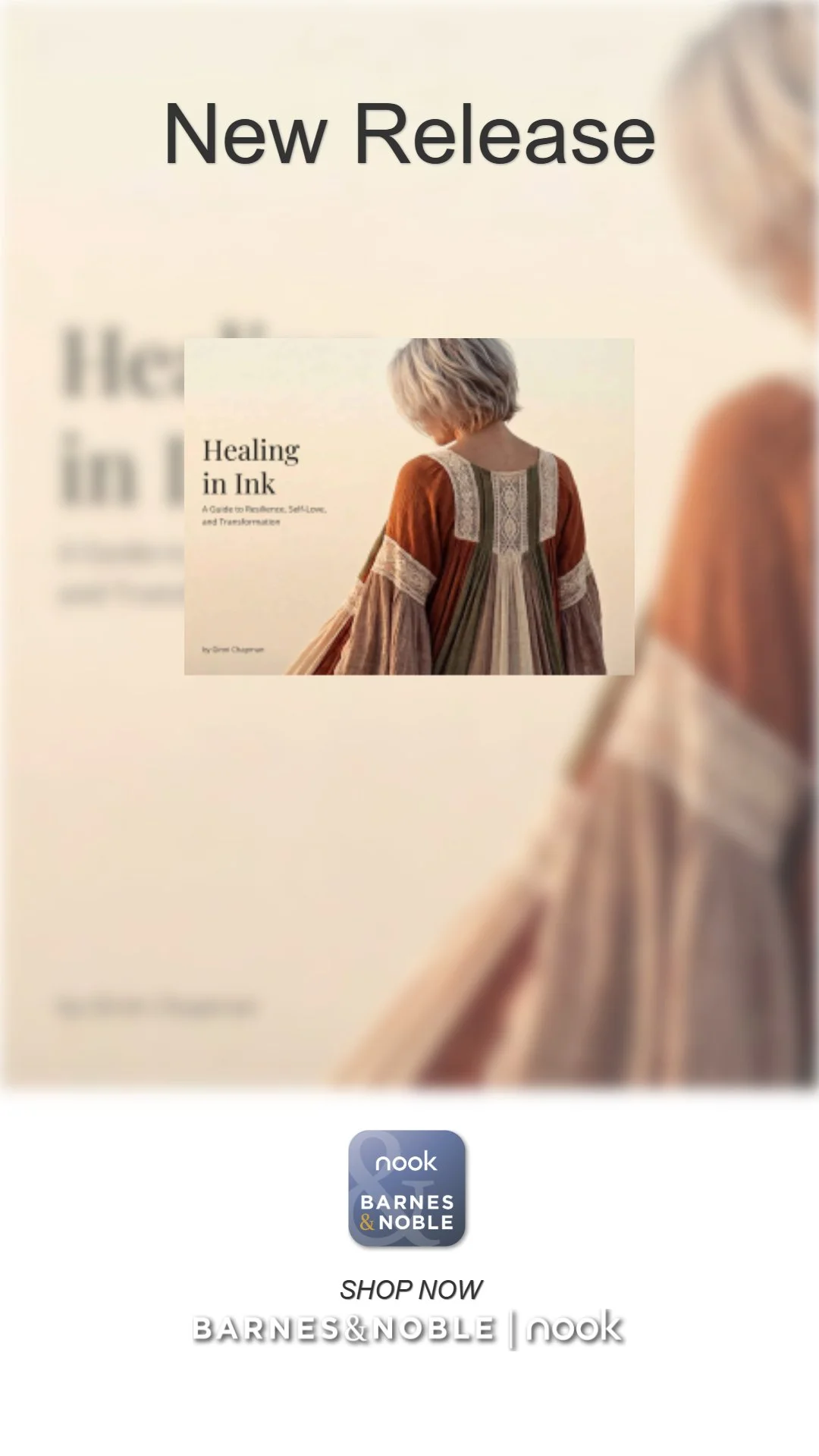 An advertisement for a book titled 'Healing in Ink' with a woman wearing a multicolored, patterned dress, seen from the back, and a Barnes & Noble logo at the bottom.