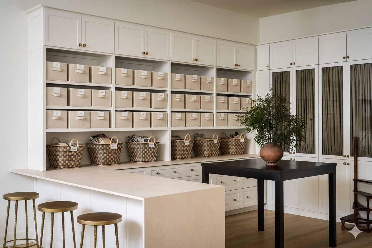 A well-organized storage room with white cabinets and shelves filled with beige labeled boxes and woven baskets. There is a white countertop with three gold stools, a black table with a potted plant, and a glass-front cabinet with curtains inside.