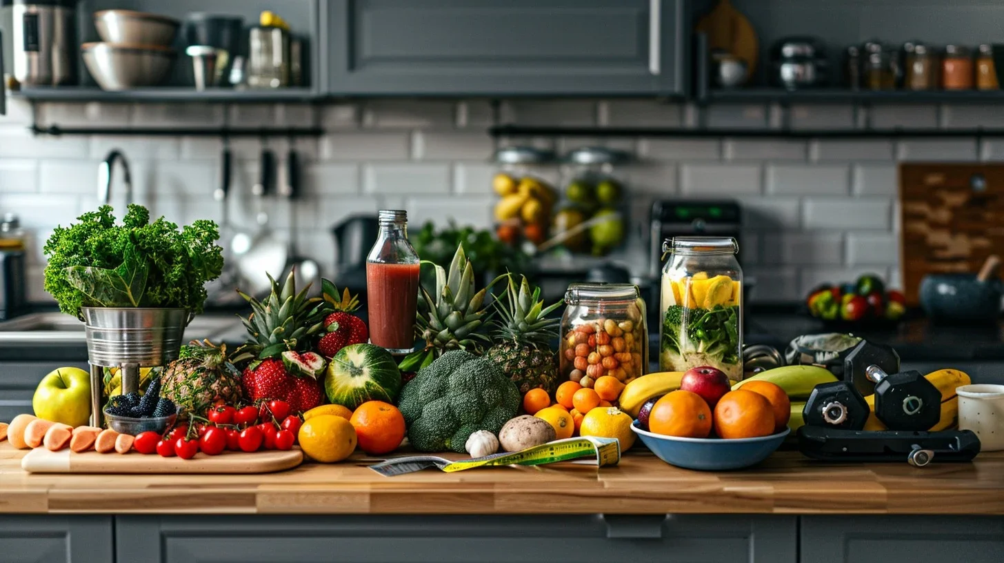 A kitchen countertop filled with a variety of fresh fruits, vegetables, a blender, dumbbells, and a measuring tape, with shelves and a sink in the background.