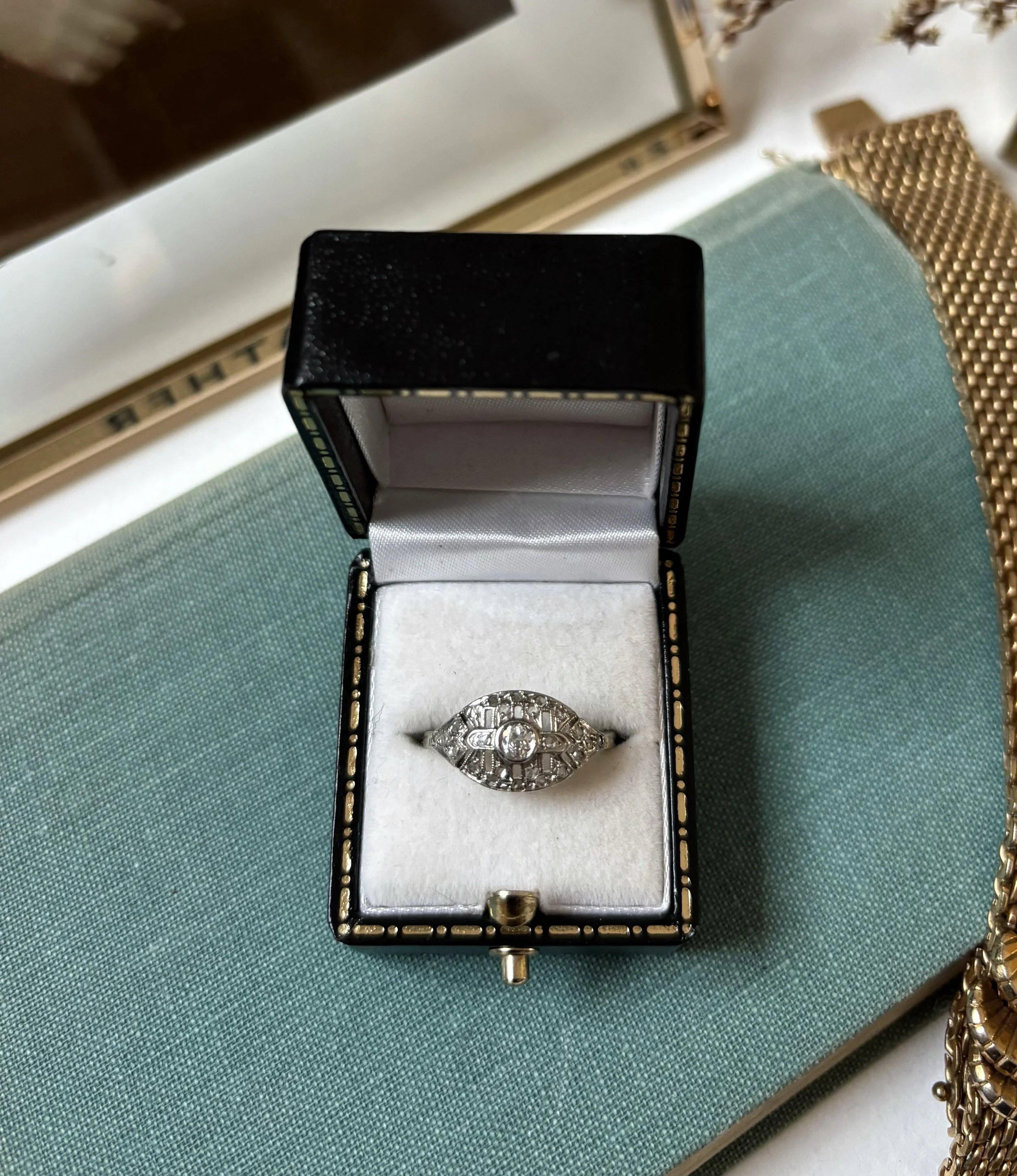 An open jewelry box with a diamond ring inside, placed on a green textured surface, with other jewelry items nearby.