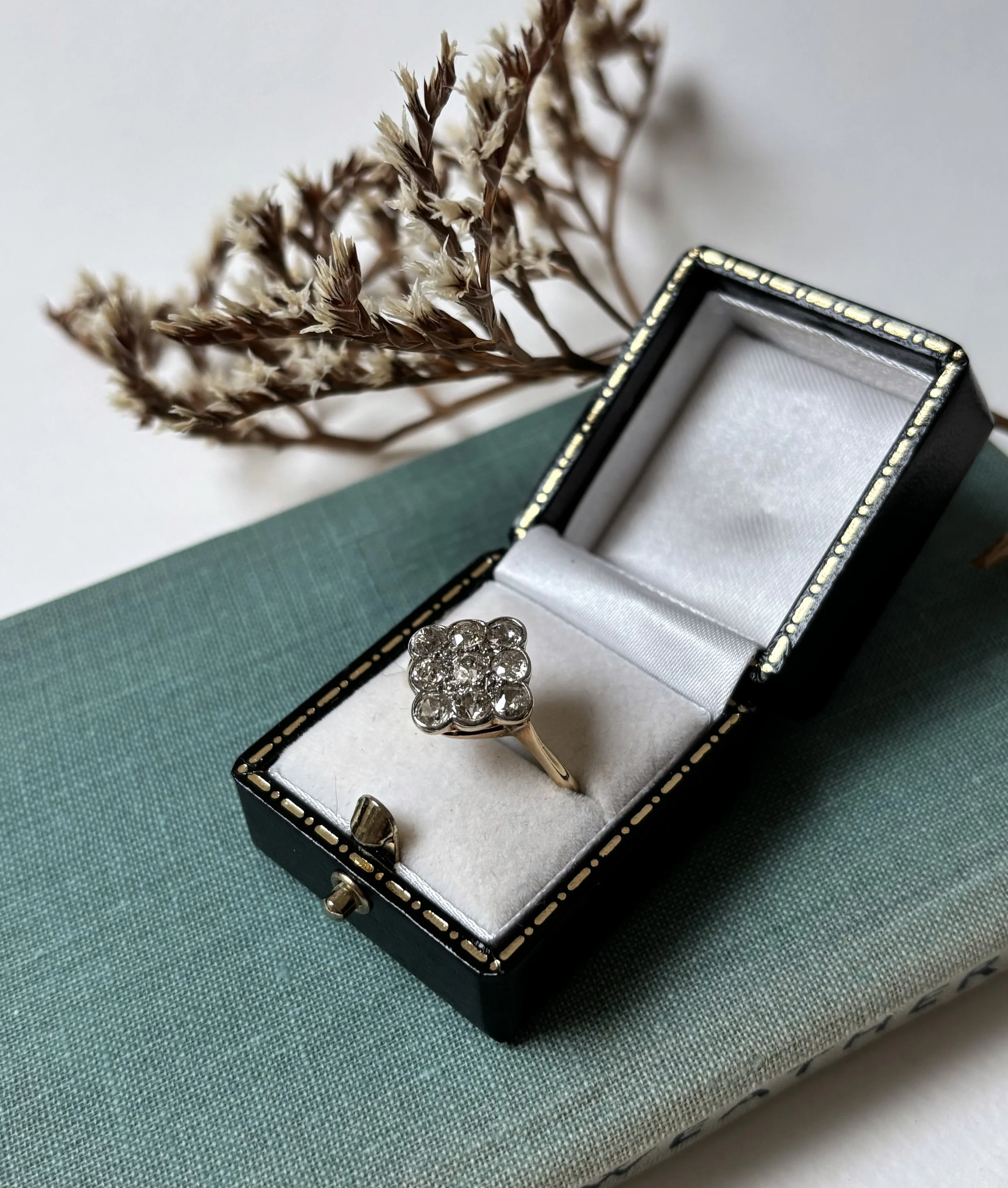 A jewelry ring with multiple large diamonds in a black jewelry box with white interior, placed on a green textured surface with a decorative dried plant nearby.