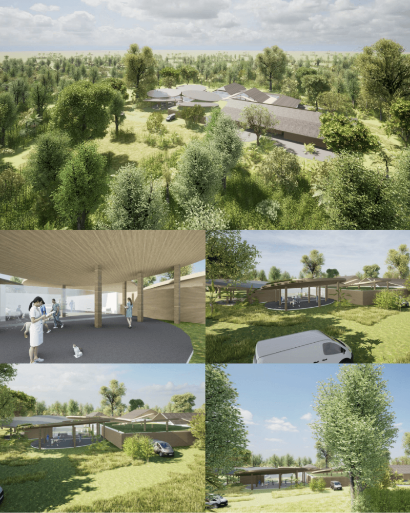 A mock-up image of modern buildings surrounded by greenery.