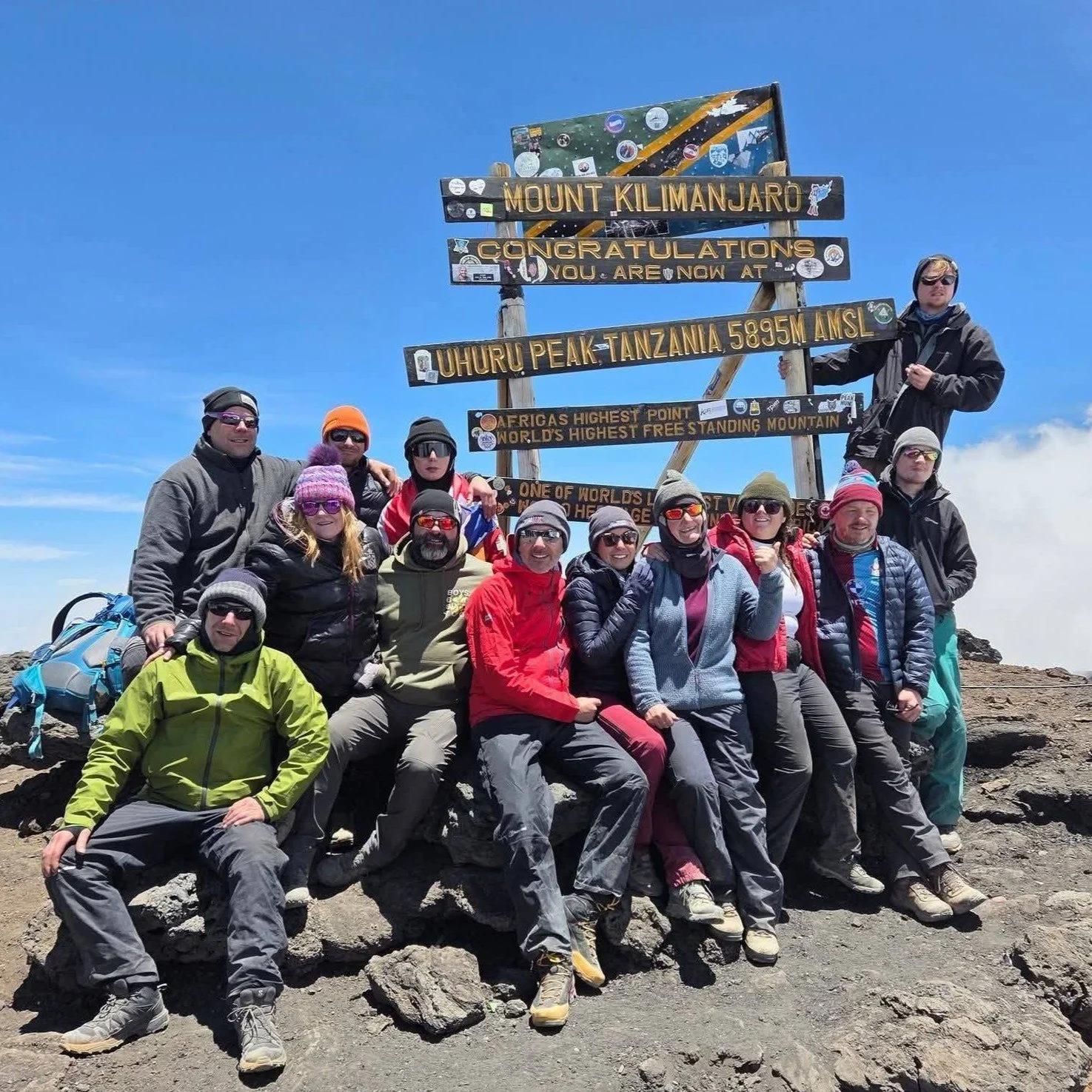 Group of hikers at the summit of Mount Kilimanjaro in Tanzania