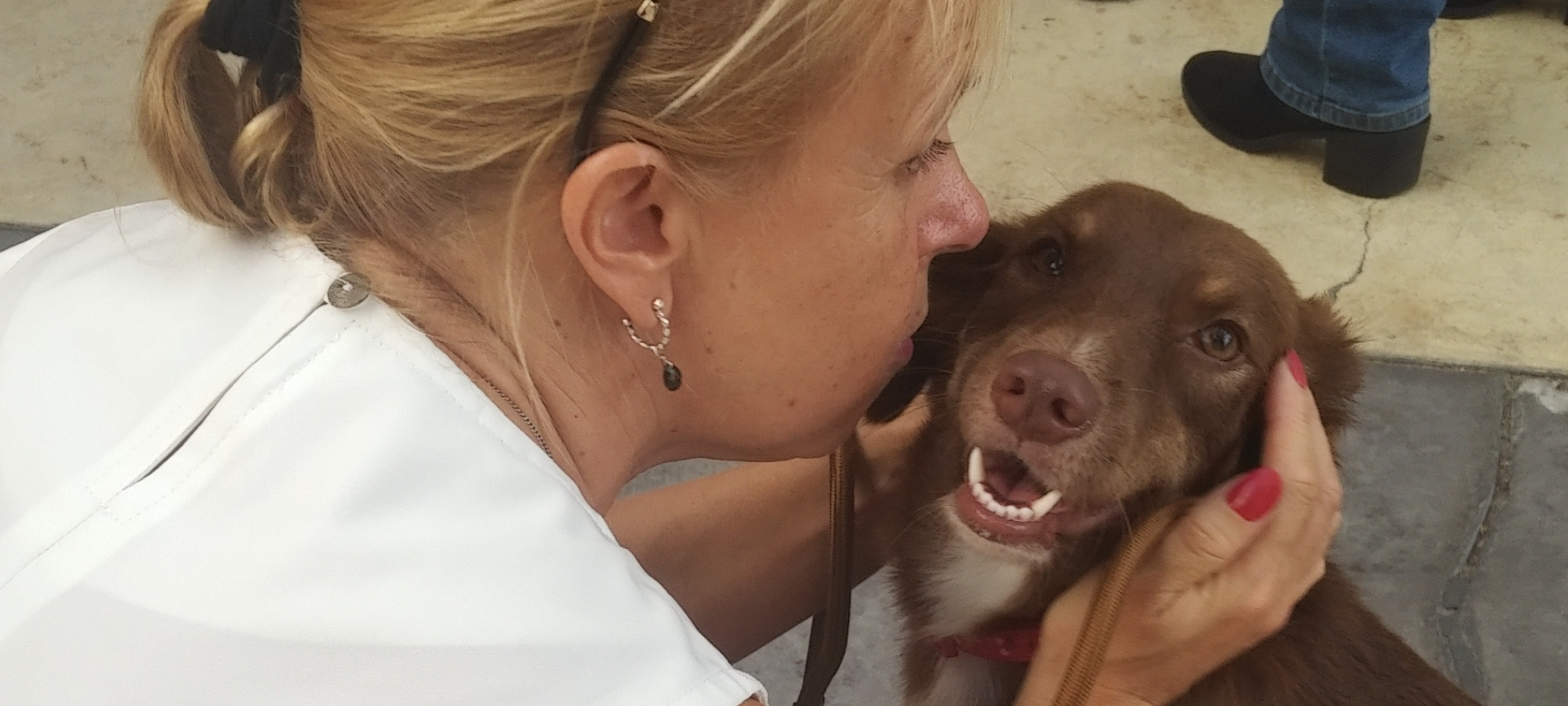 A woman gently kisses the cheek of a brown dog
