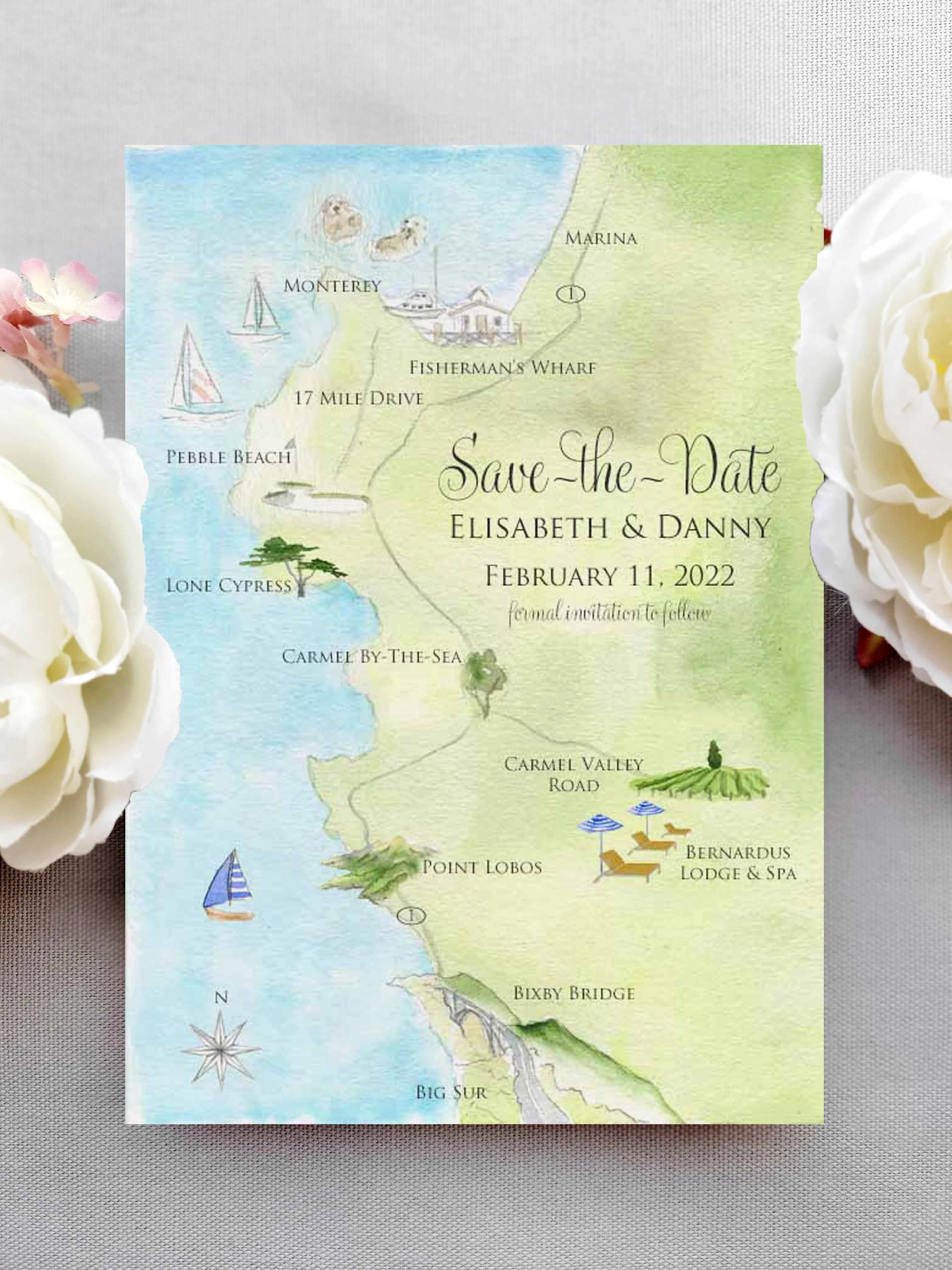 Watercolor Save the Dates Map of Carmel by Tying the Knots
