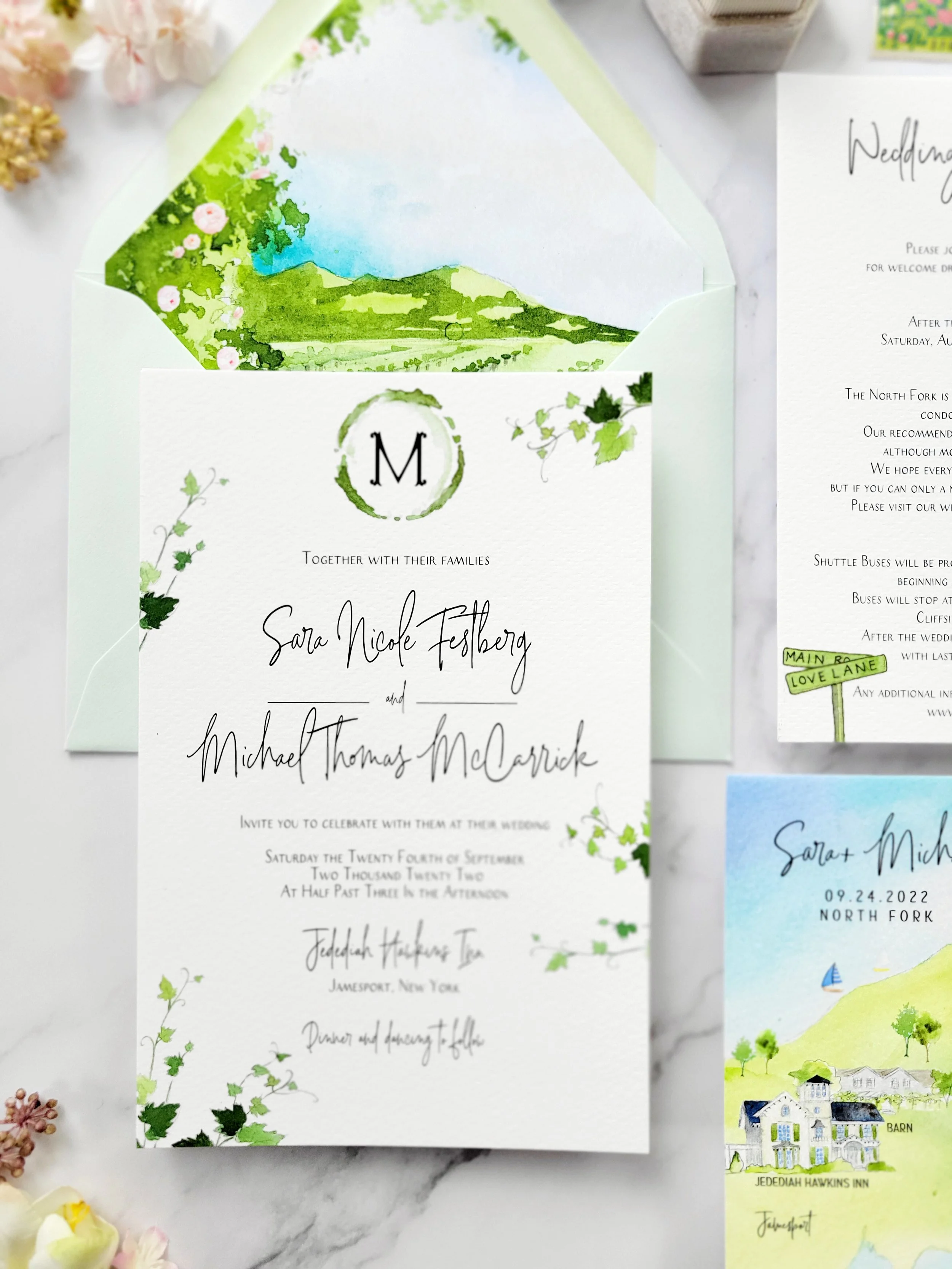 Jedediah Hawkins Inn Wedding Invitation Set featuring vineyard wedding theme by Tying the Knots Wedding Studio 7