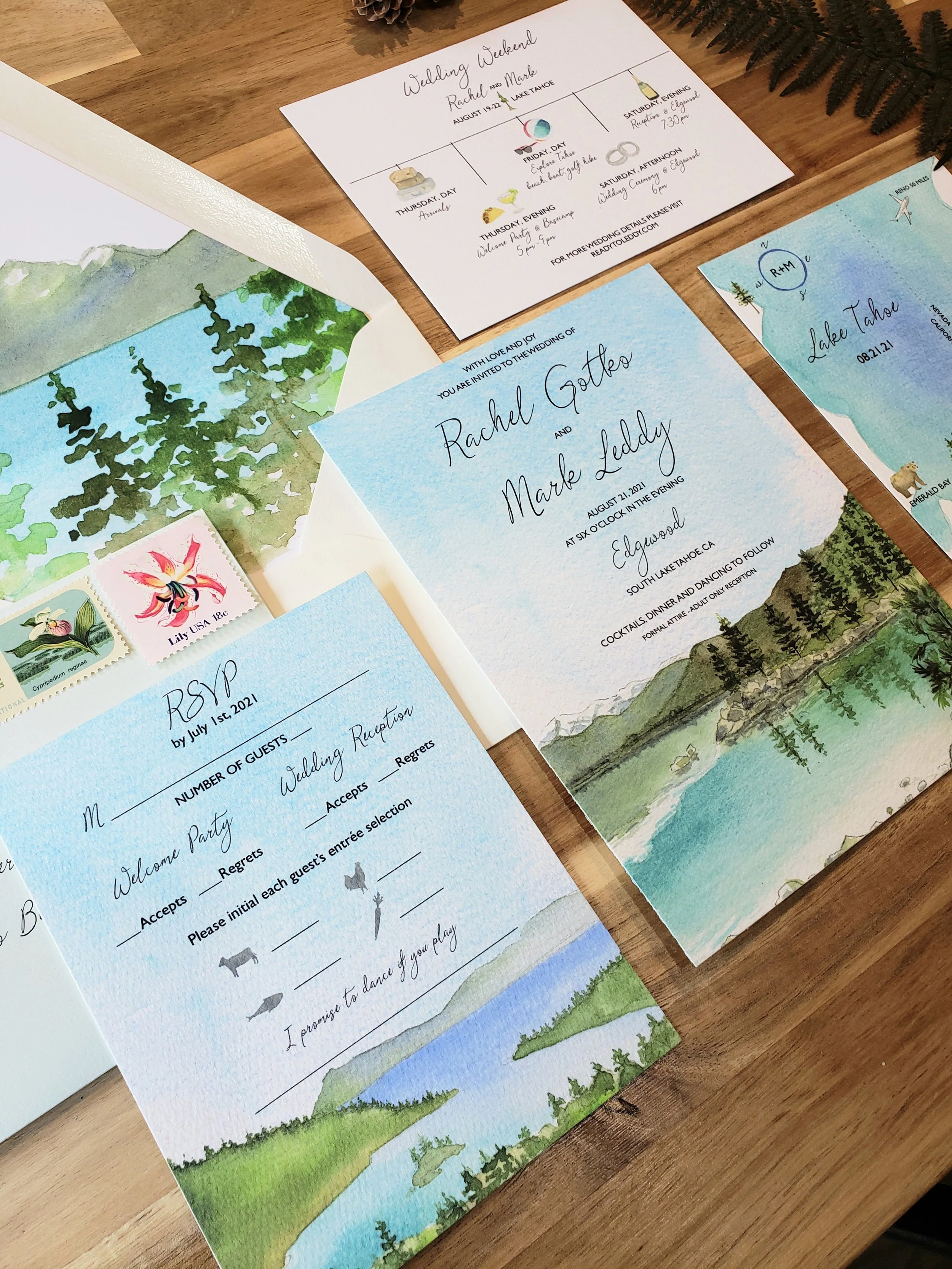 Lake Tahoe wedding invitations featuring the mountains and tree reflections with wedding itinerary, rsvp, and customizable map by Tying the Knots Wedding Studio 2