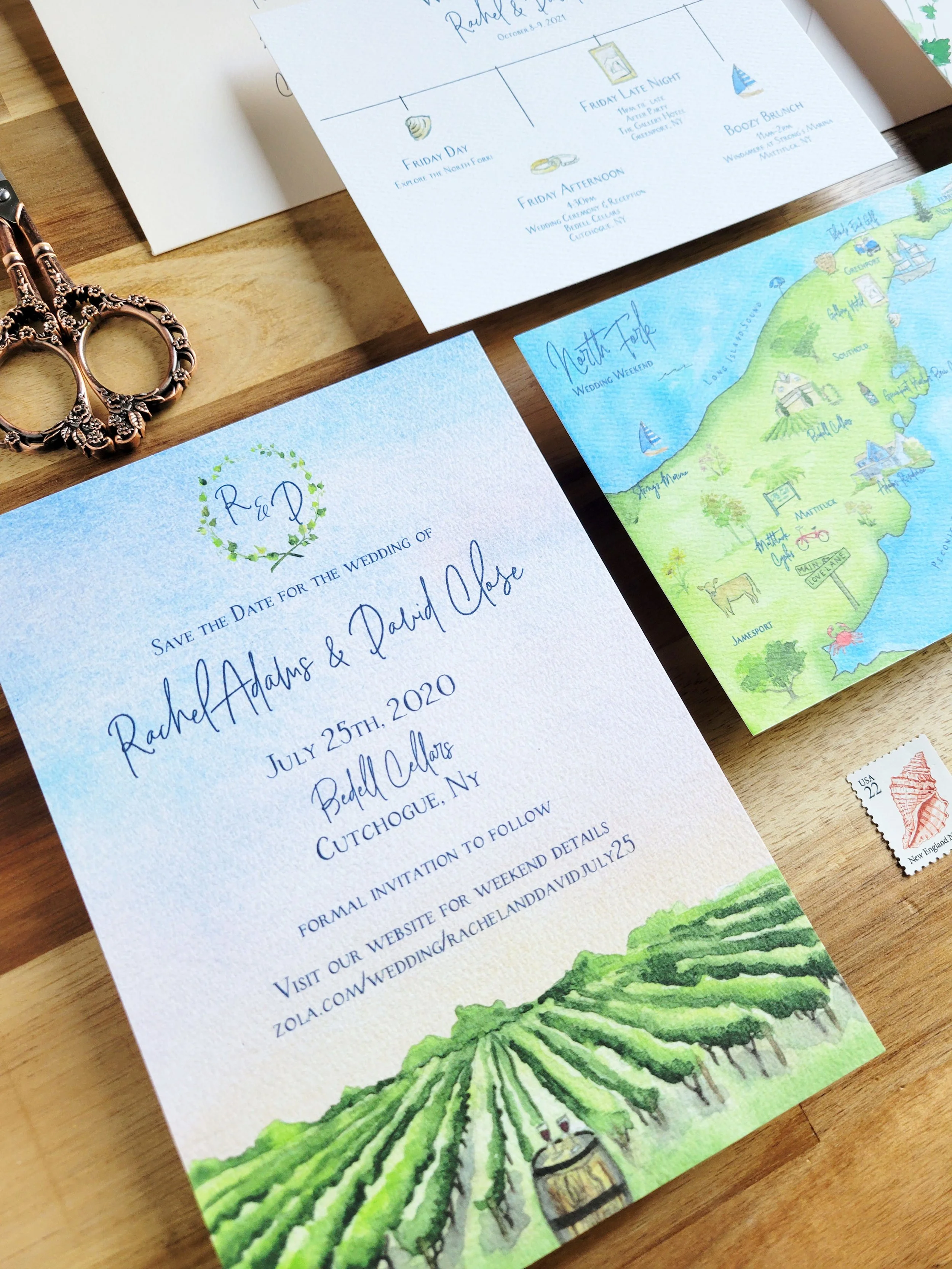Bedell Cellars Wedding Invitation set featuring vineyard details and customizable options by Tying the Knots Wedding Studio 1