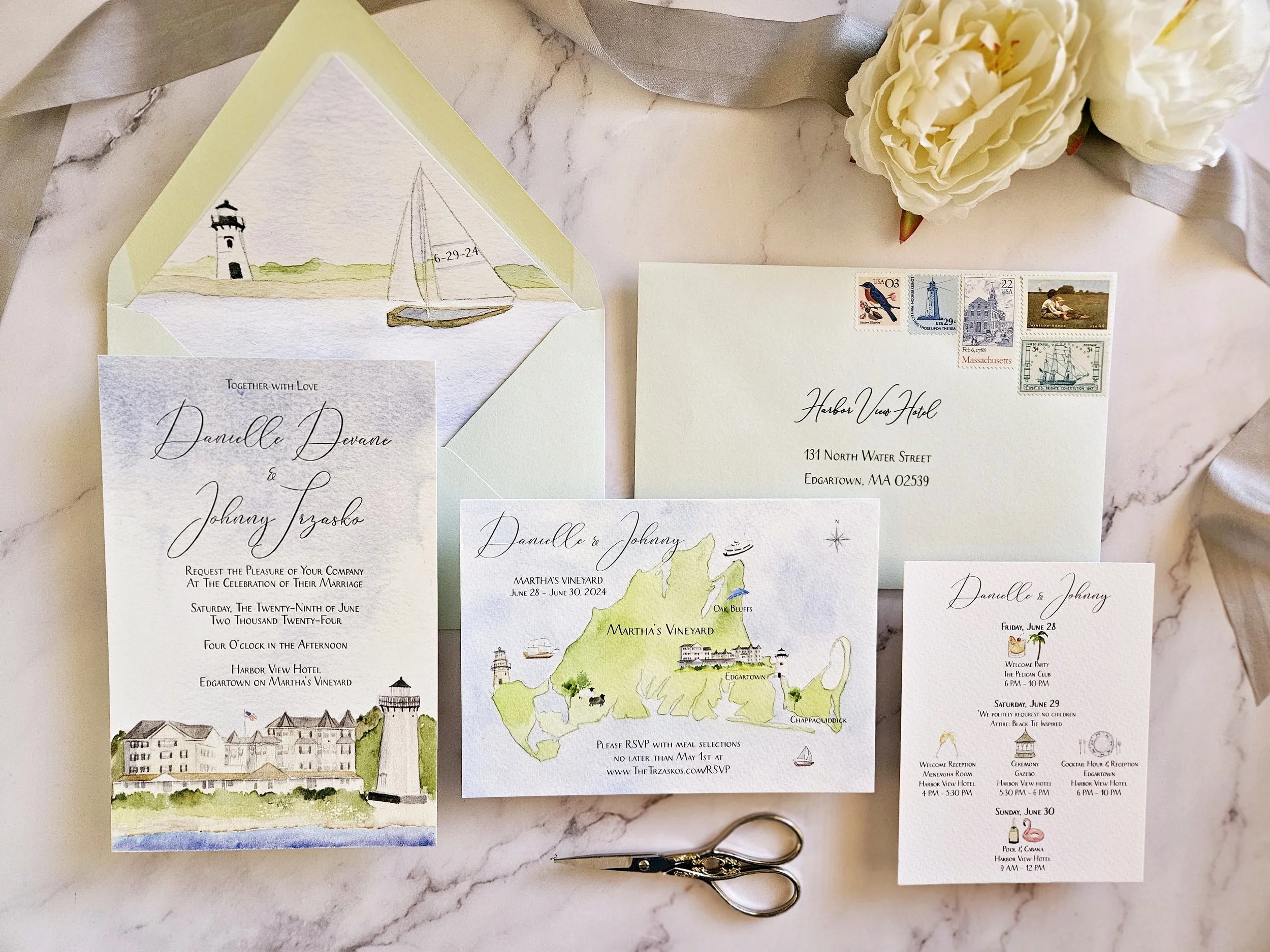 Harbor View Hotel Wedding Invitations in watercolor by Tying the Knots Studio