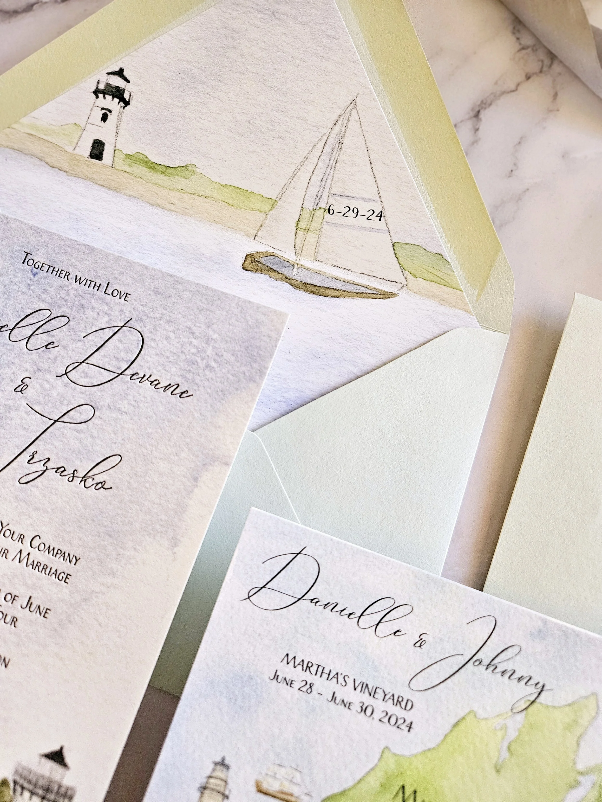 Harbor View Hotel Wedding Invitations in watercolor by Tying the Knots Studio 3