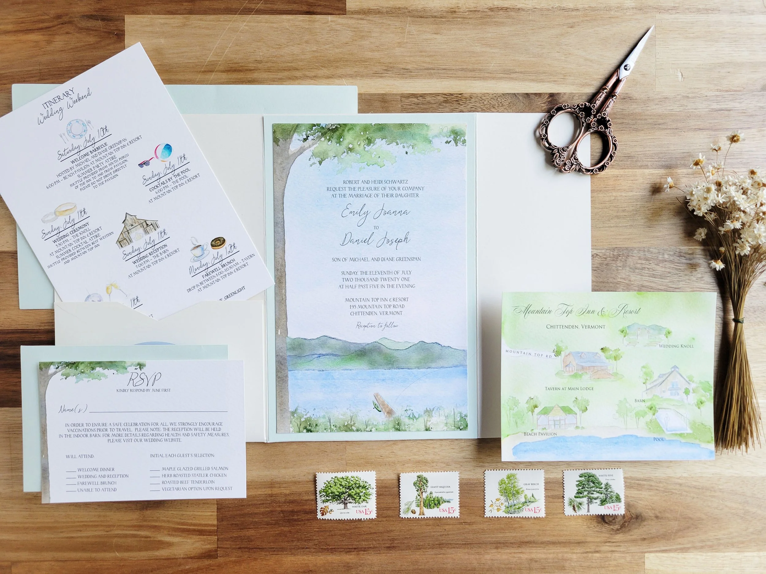 Mountain Top Inn & Resort Wedding Invitation set in watercolors by Tying the Knots Studio 1