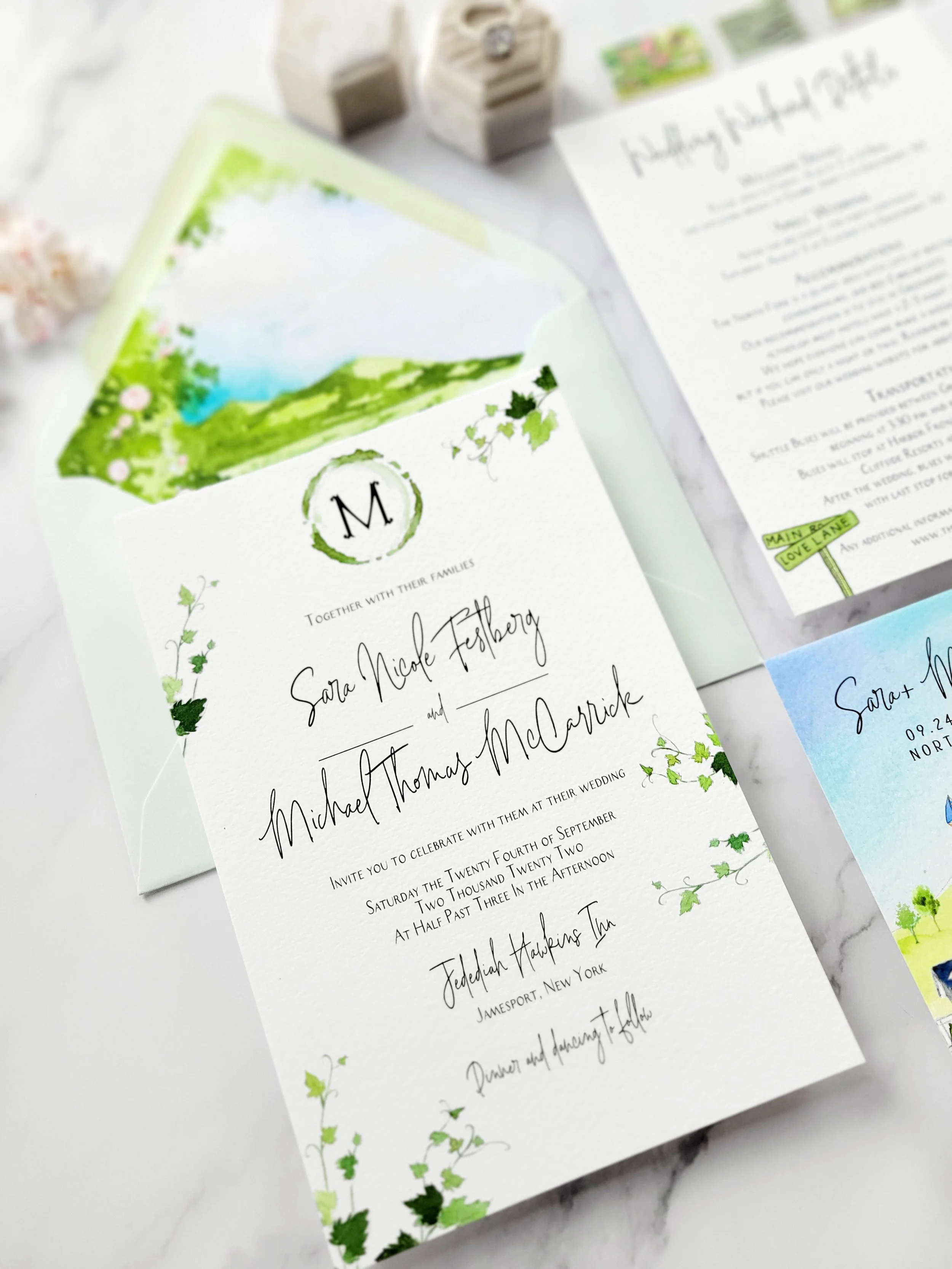 Jedediah Hawkins Inn Wedding Invitation Set featuring vineyard wedding theme by Tying the Knots Wedding Studio 1