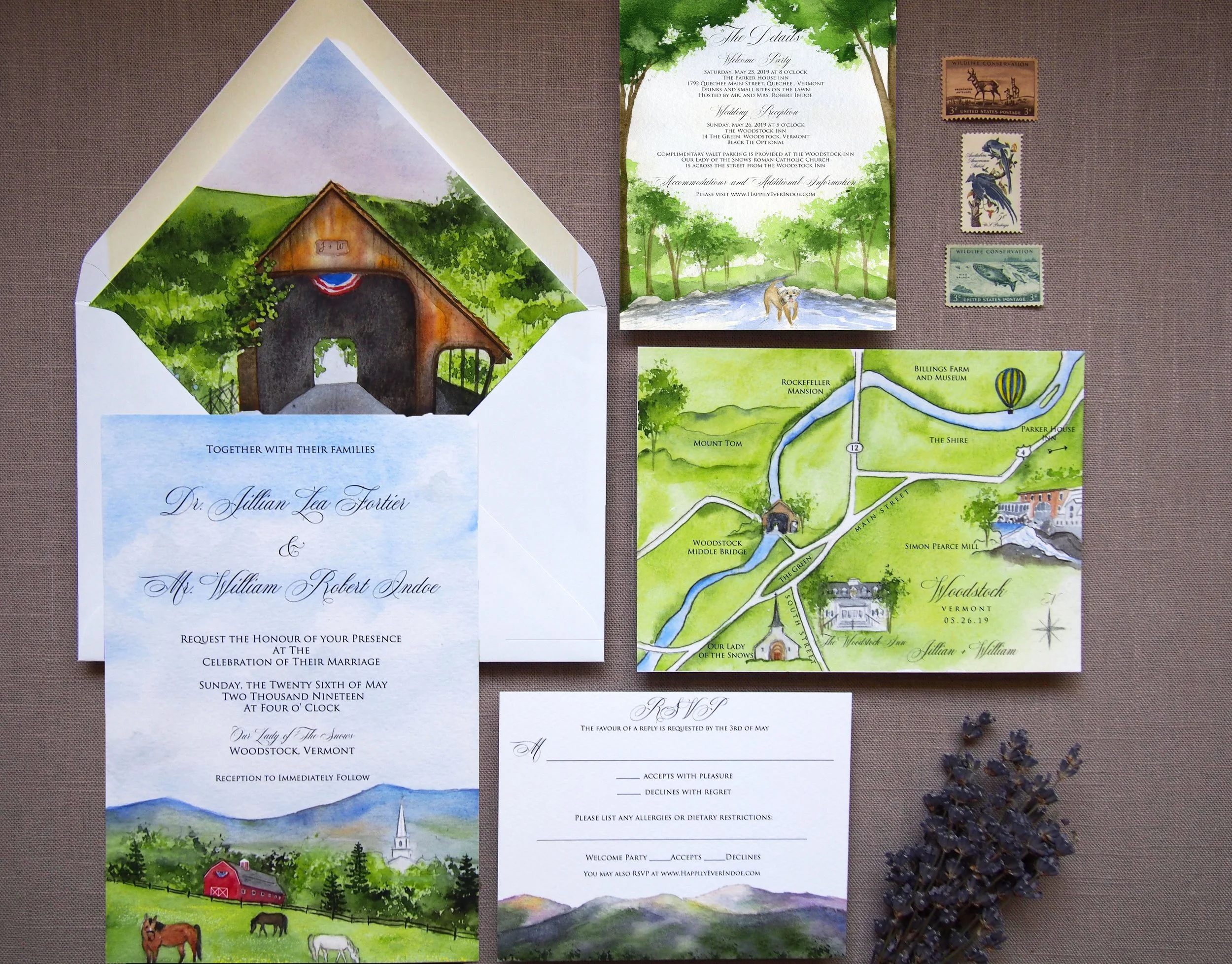 Woodstock Inn and Resort Wedding Invitations, customizable map, Vermont mountains RSVP card, and wedding details card by Tying the Knots 1