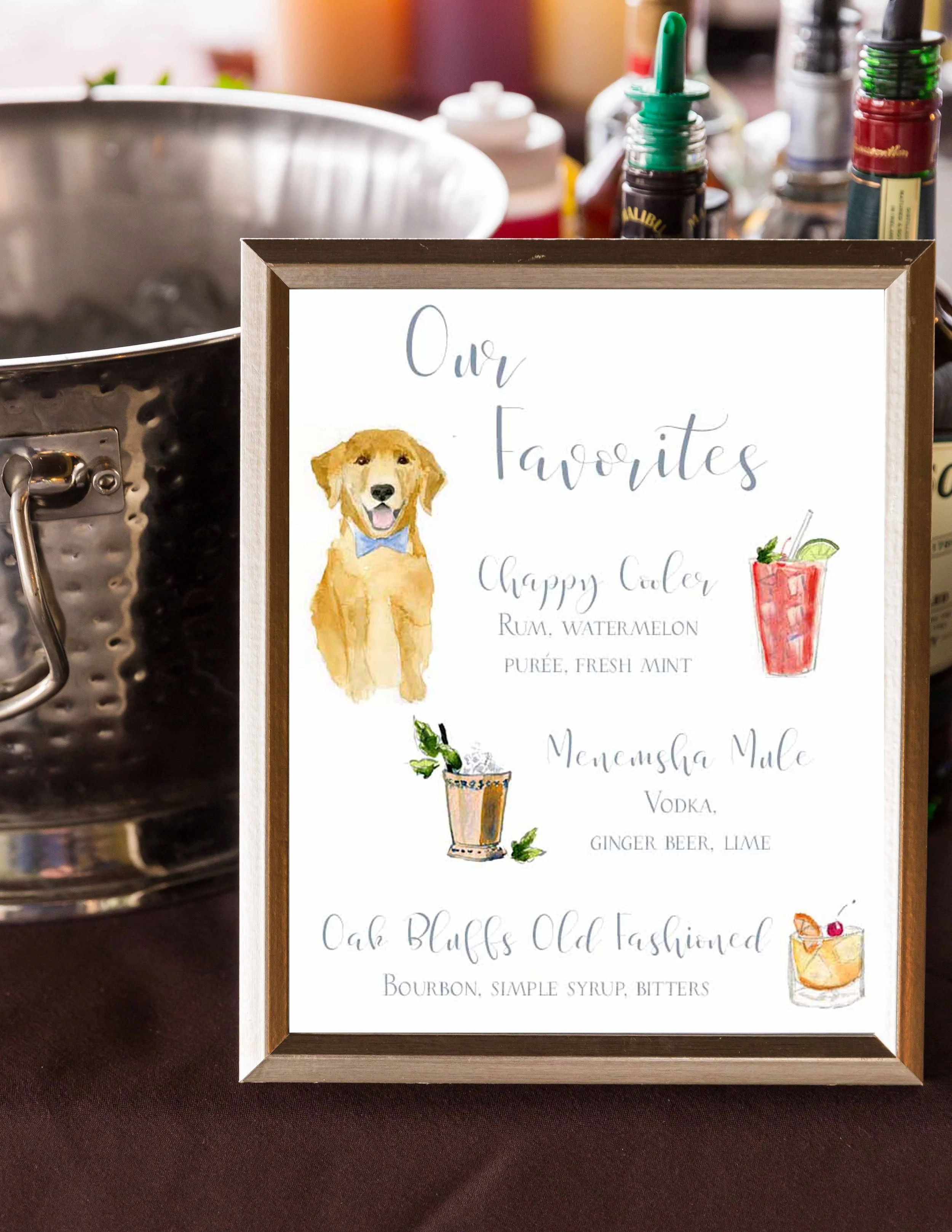 LAYOUT 14: Sign Title, Drink Image 1 right, Drink Title centered, Drink Ingredients centered, Drink Image 2 left, Drink Title centered, Drink Ingredients centered,  Drink Image 3 right, Drink Title centered, Drink Ingredients centered, Animal upper l