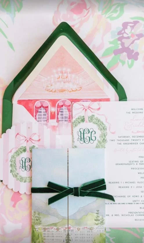 Festive Wedding at The Greenbrier Resort by Tying the Knots Watercolor Wedding Invitations, photo by Kelli Carrico