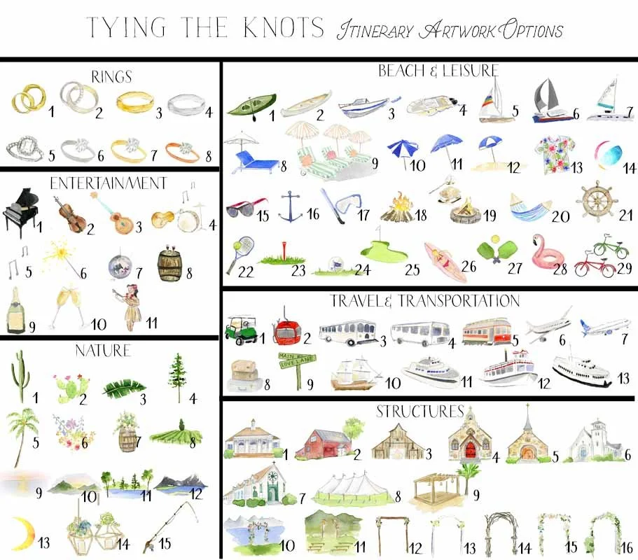 A chart showing different options for tying knots for various themes: Rings, Beach & Leisure, Entertainment, Nature, Travel & Transportation, and Structures. Each category displays small illustrations representing different knot styles.